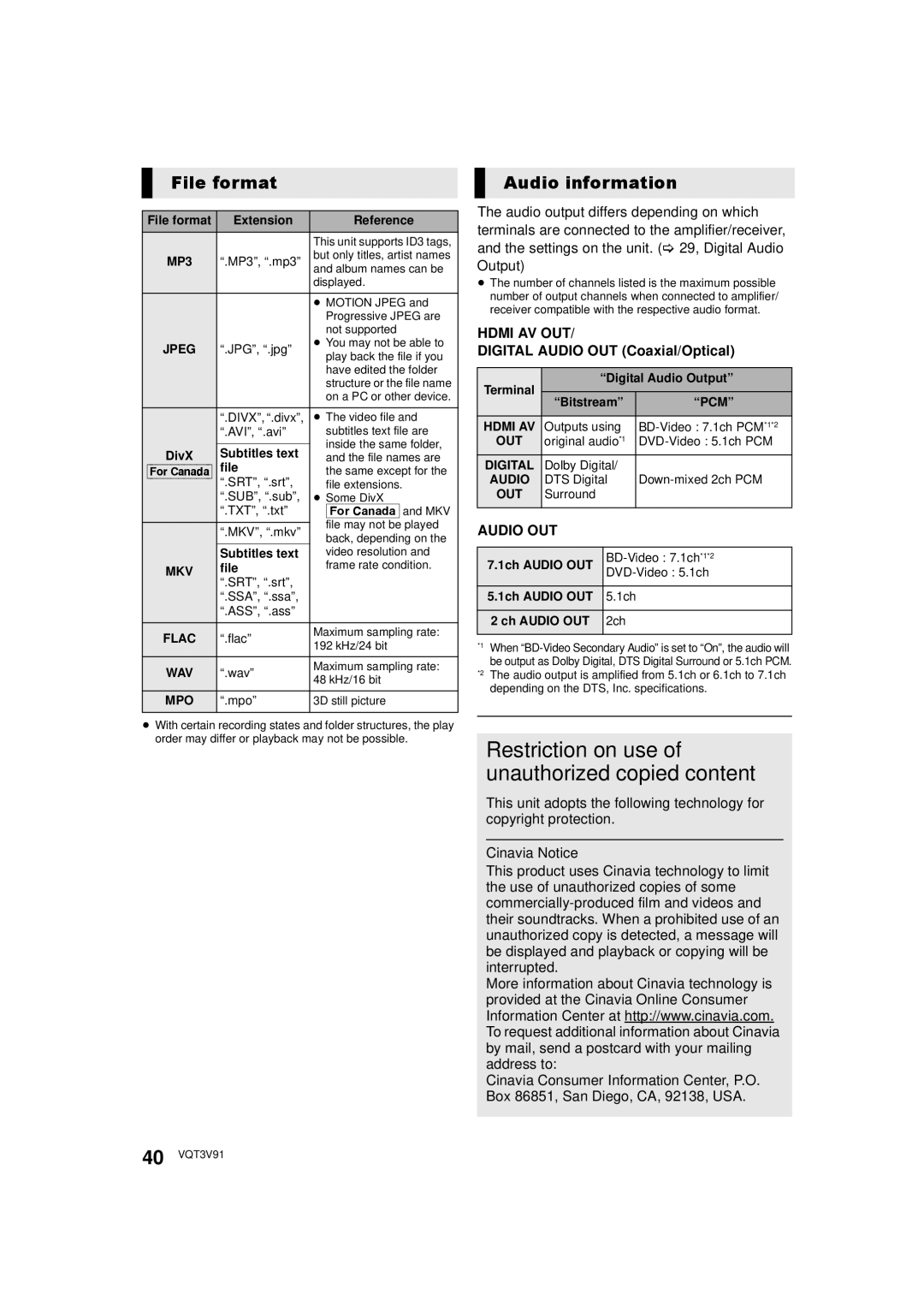 Panasonic DMP-BDT500 owner manual File format, Audio information, Hdmi AV OUT, Digital Audio OUT Coaxial/Optical 