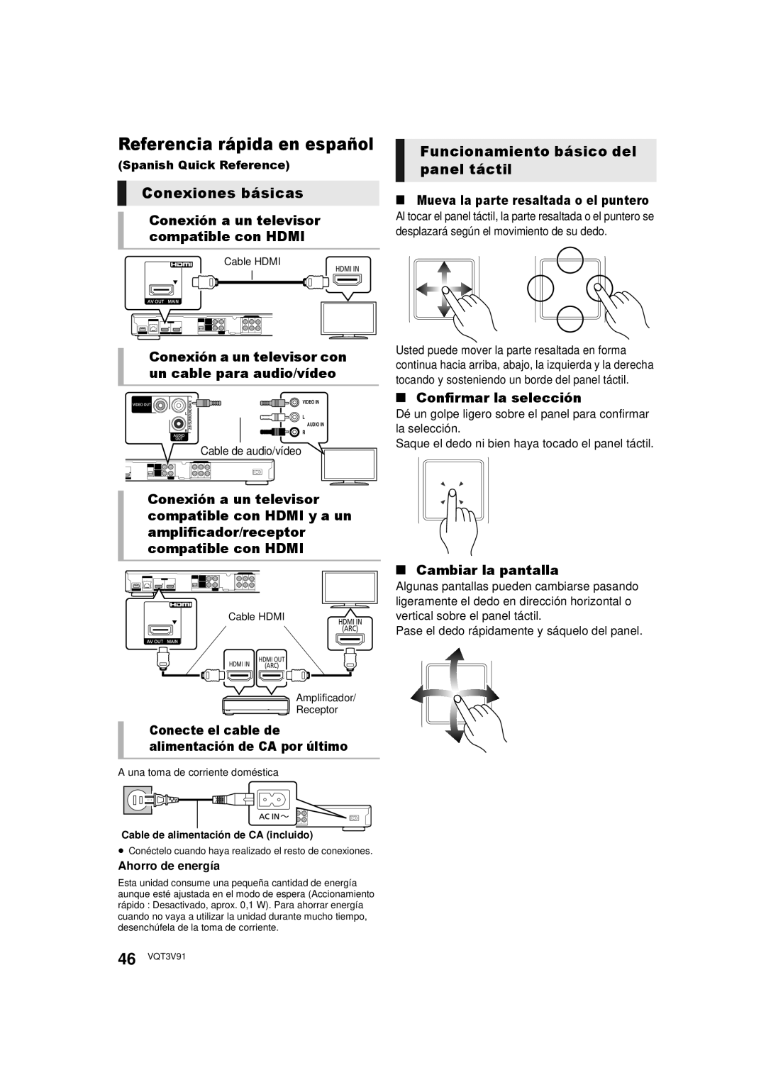 Panasonic DMP-BDT500 owner manual Conexiones básicas, Funcionamiento básico del panel táctil 