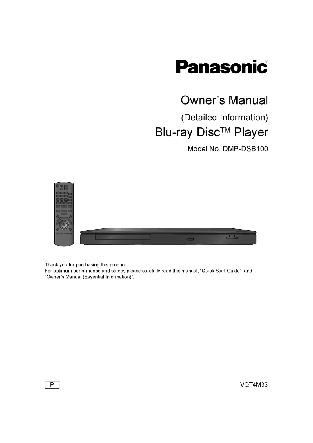 Panasonic DMP-DSB100 owner manual Blu-ray DiscTM Player 