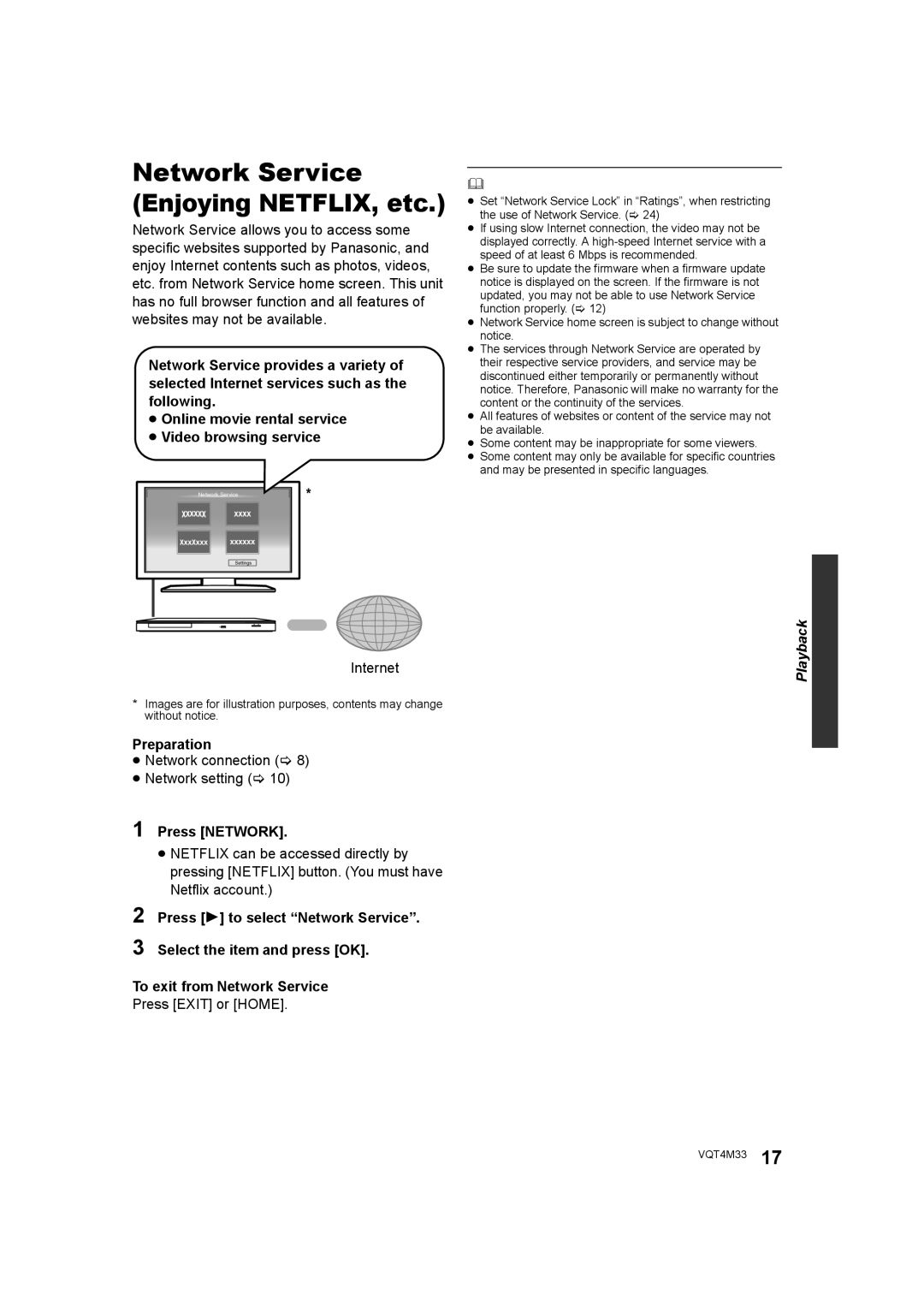 Panasonic DMP-DSB100 owner manual Network Service Enjoying NETFLIX, etc, Press Network 