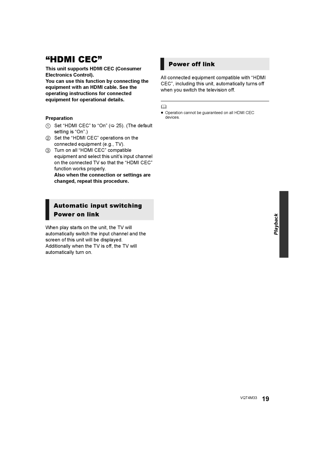 Panasonic DMP-DSB100 owner manual Power off link, Automatic input switching Power on link 