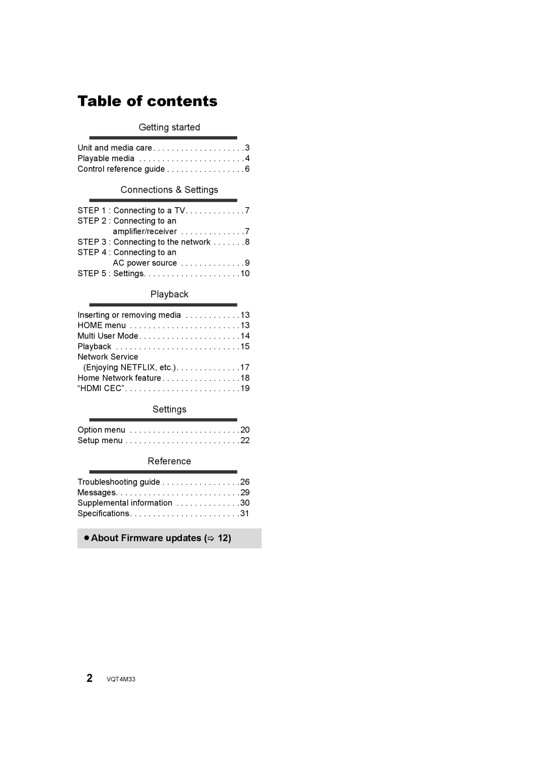 Panasonic DMP-DSB100 owner manual Table of contents 