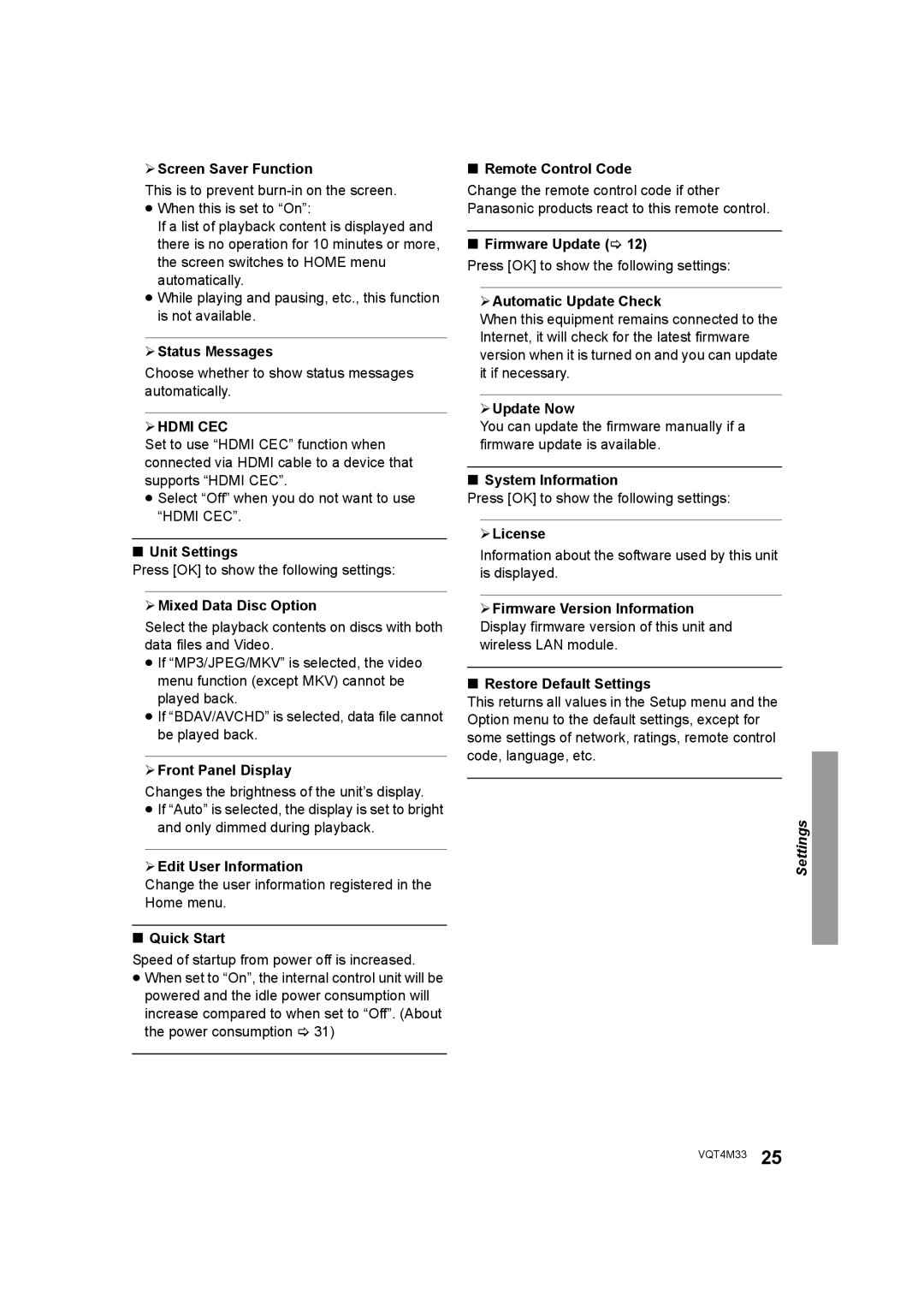 Panasonic DMP-DSB100 ¾ Screen Saver Function, ¾ Status Messages, Unit Settings, ¾ Mixed Data Disc Option, Quick Start 