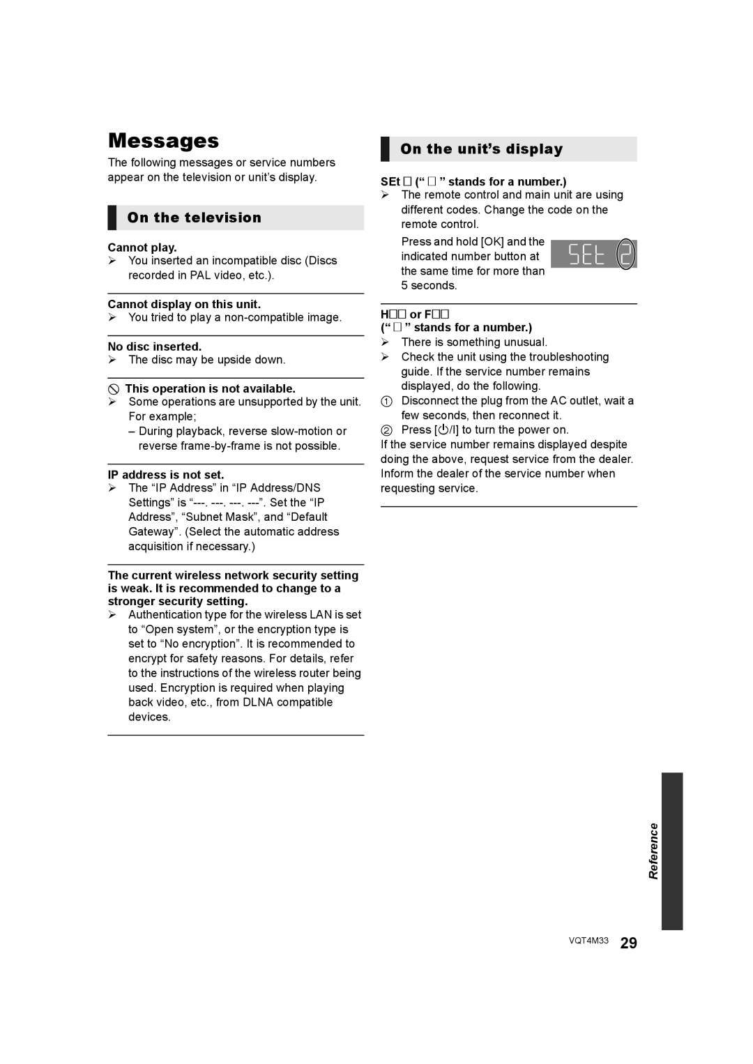 Panasonic DMP-DSB100 owner manual Messages, On the television, On the unit’s display 