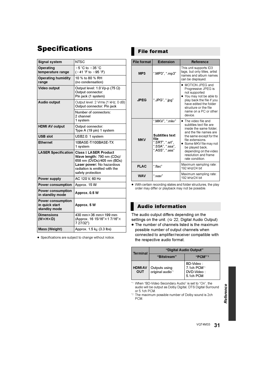 Panasonic DMP-DSB100 owner manual Specifications, File format, Audio information 