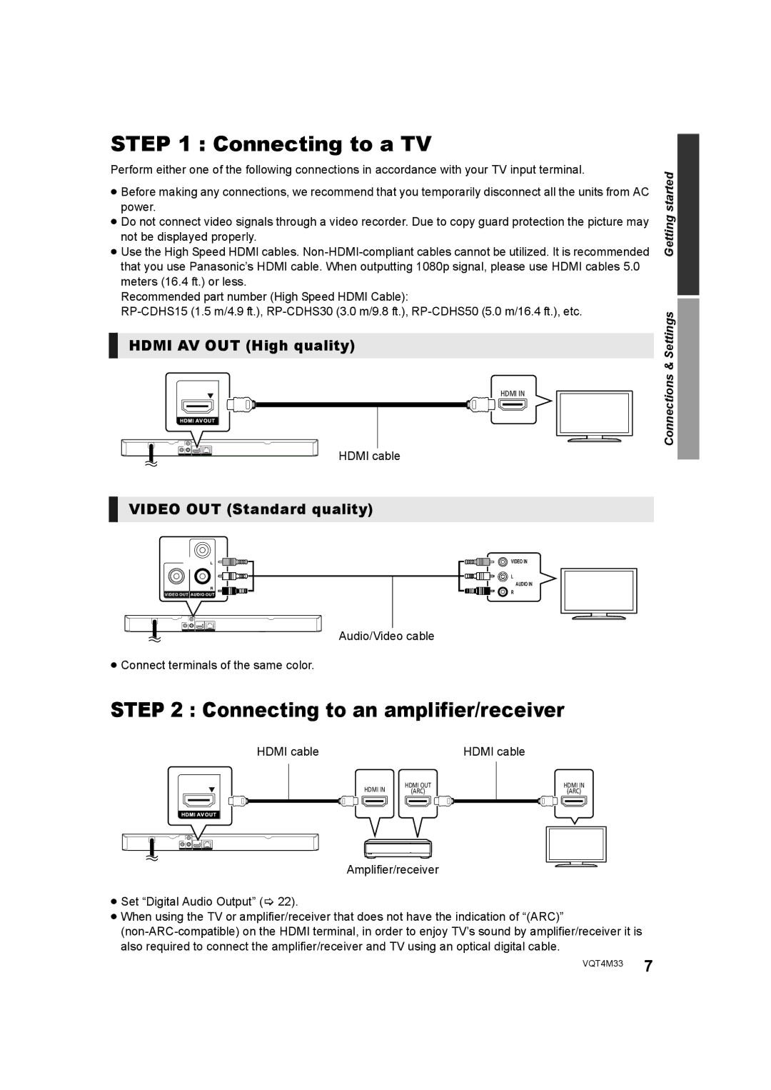 Panasonic DMP-DSB100 owner manual Connecting to a TV, Connecting to an amplifier/receiver, Hdmi AV OUT High quality 