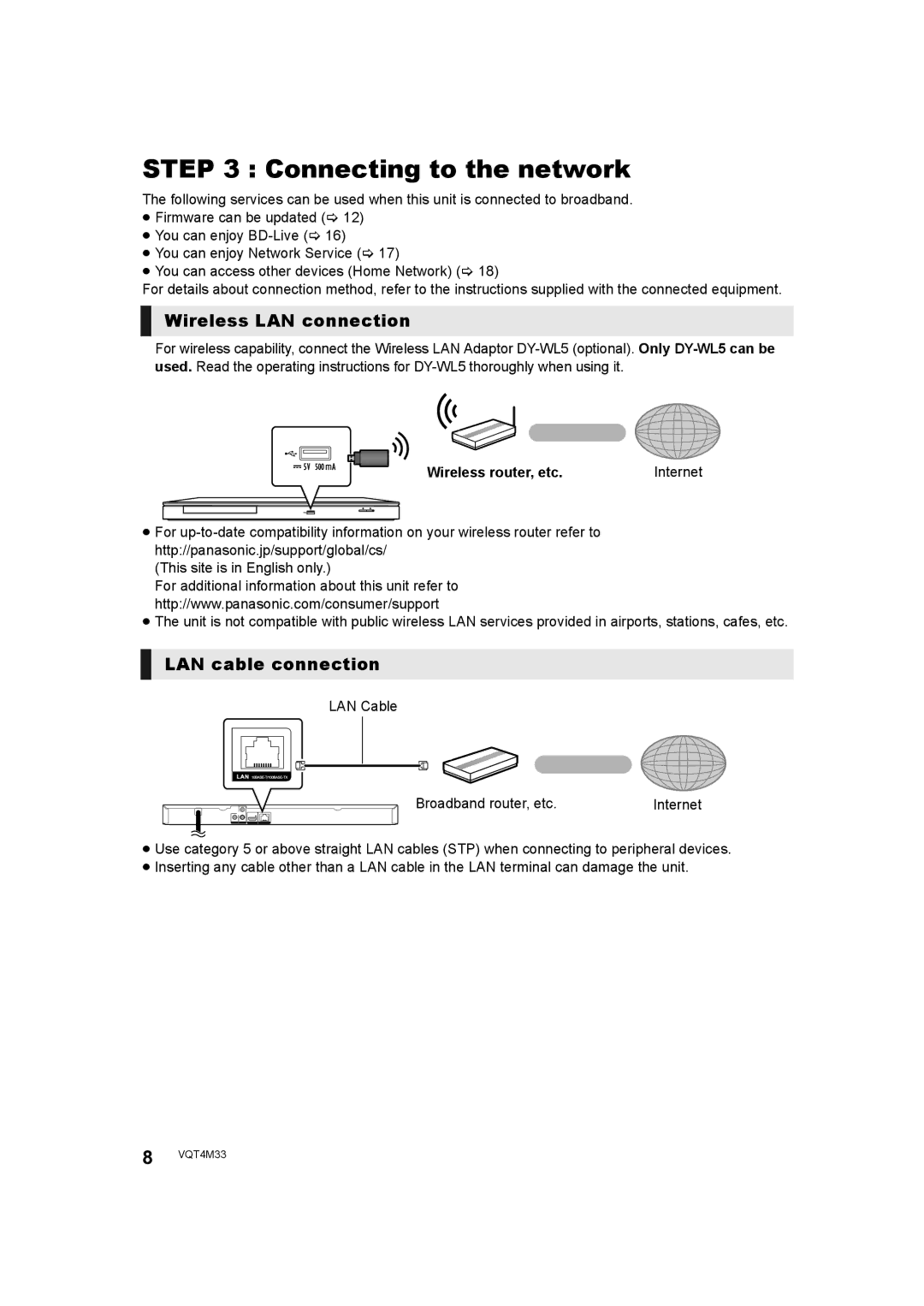 Panasonic DMP-DSB100 owner manual Connecting to the network, Wireless LAN connection, LAN cable connection 