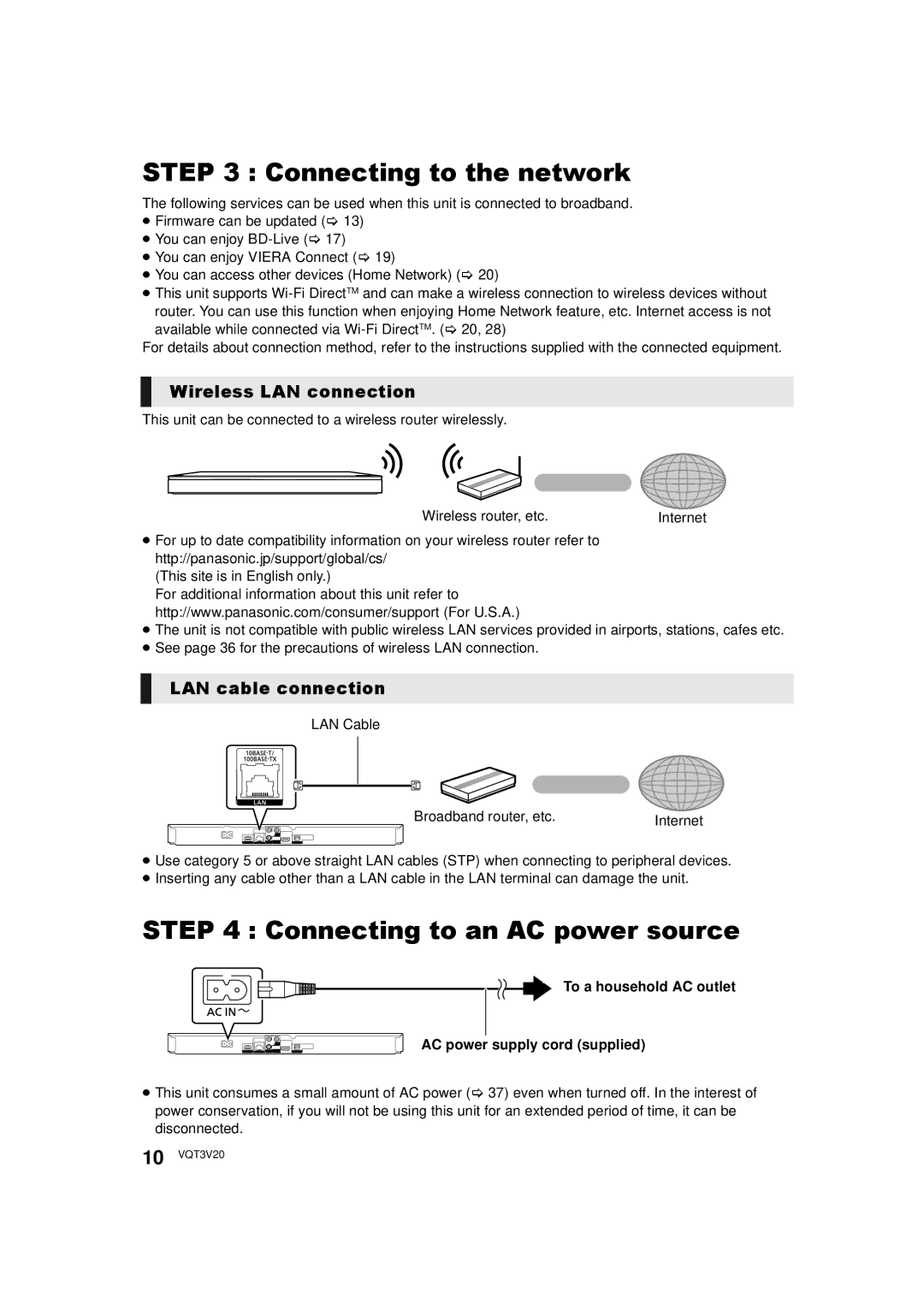 Panasonic DMPBDT220, DMP-BDT220 Connecting to the network, Connecting to an AC power source, Wireless LAN connection 