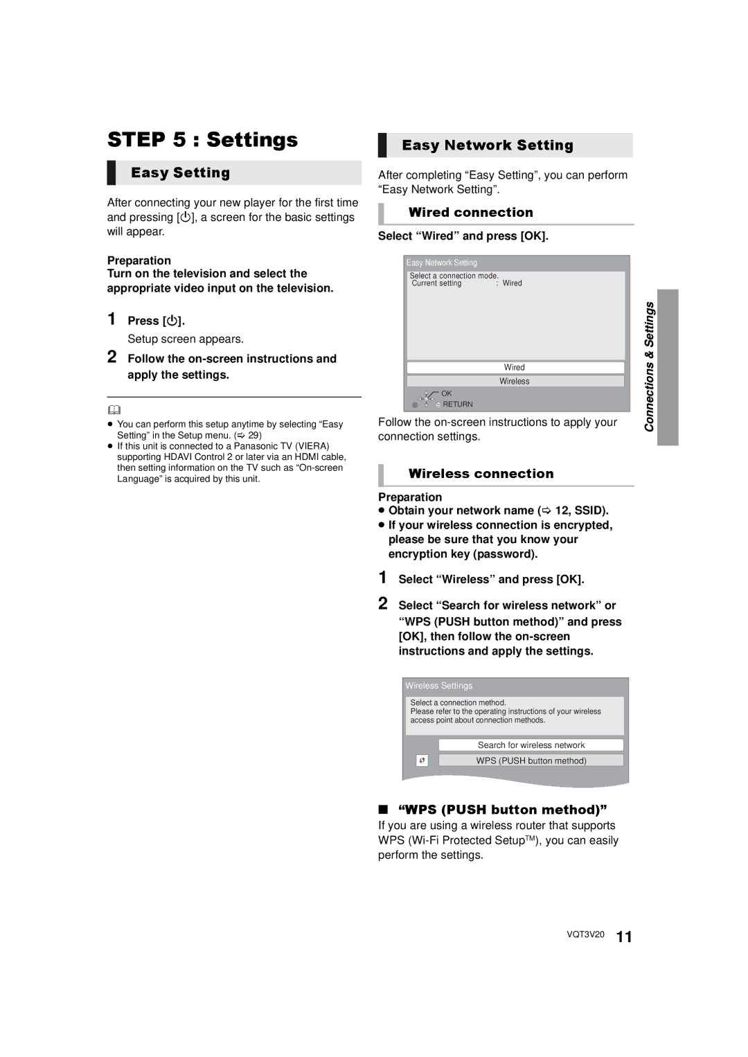 Panasonic DMP-BDT220, DMPBDT220 owner manual Settings, Easy Setting, Easy Network Setting 