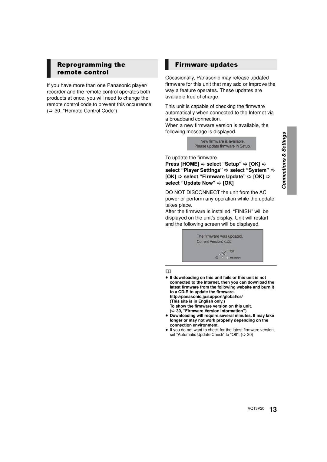 Panasonic DMP-BDT220 Reprogramming the remote control, Firmware updates, To update the firmware, Select Update Now OK 