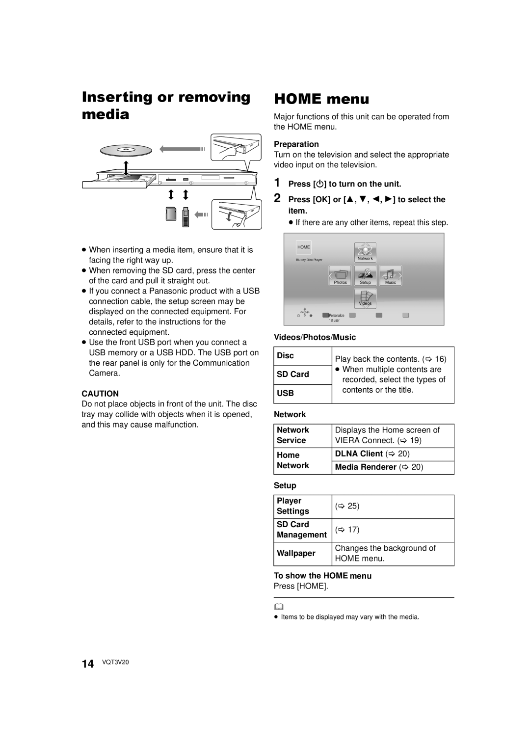 Panasonic DMPBDT220, DMP-BDT220 owner manual Inserting or removing media, Home menu, Usb 