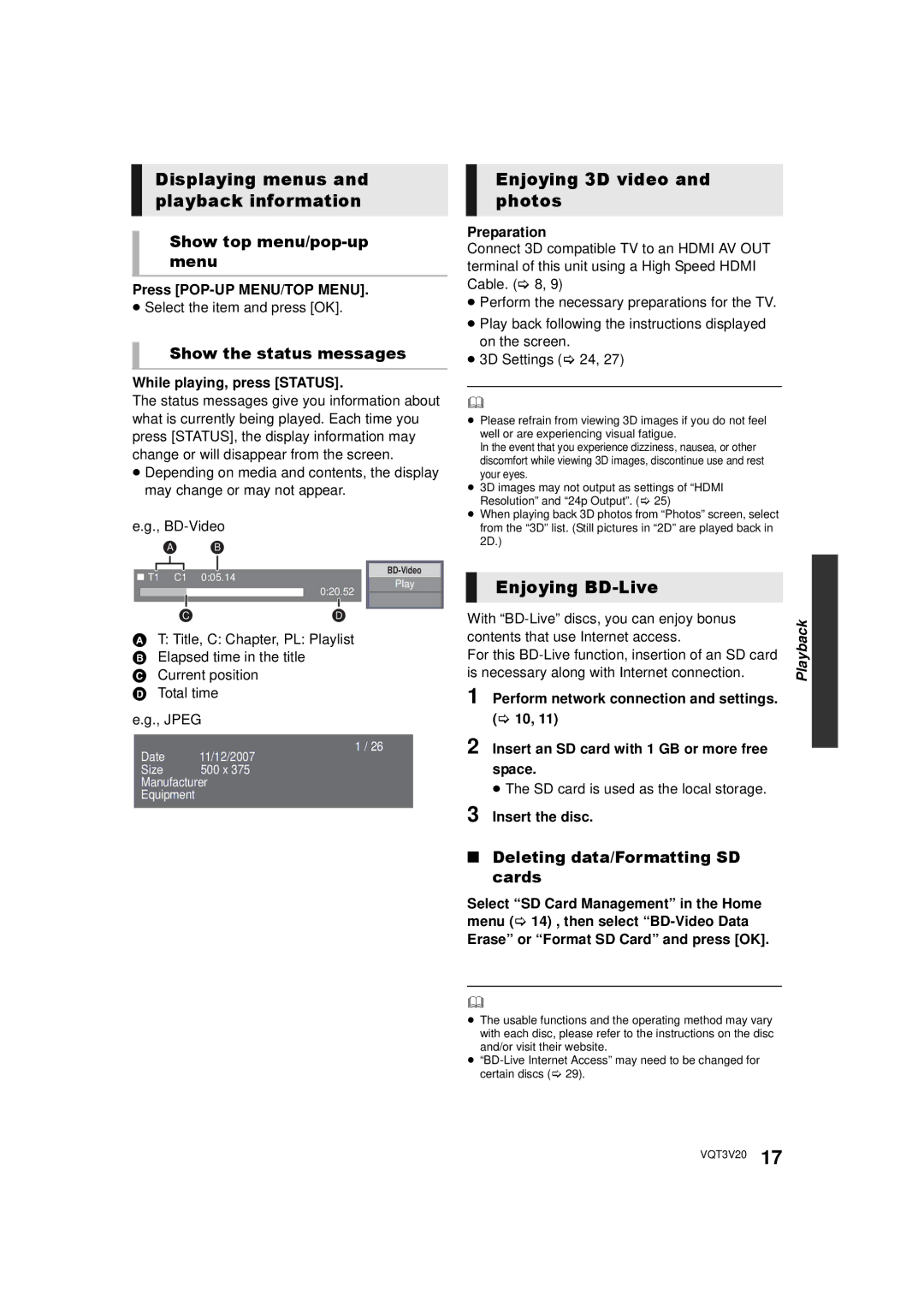 Panasonic DMP-BDT220, DMPBDT220 Displaying menus and playback information, Enjoying 3D video and photos, Enjoying BD-Live 