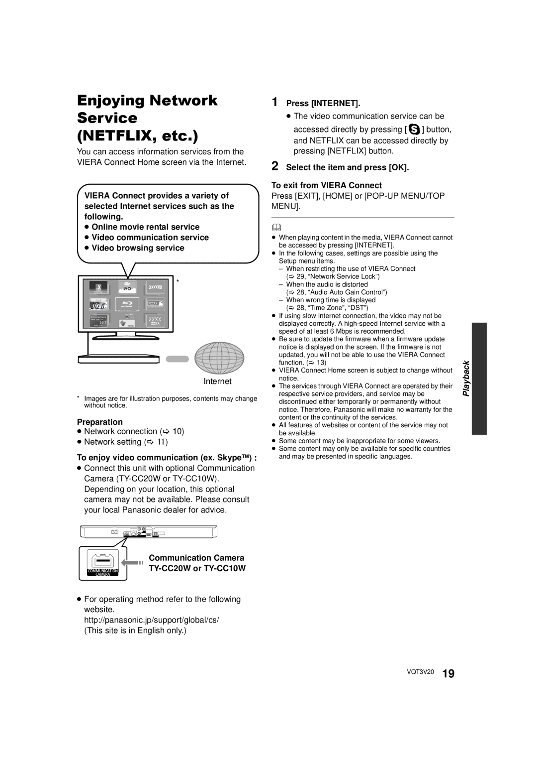 Panasonic DMP-BDT220 Enjoying Network Service NETFLIX, etc, To enjoy video communication ex. SkypeTM, Press Internet 