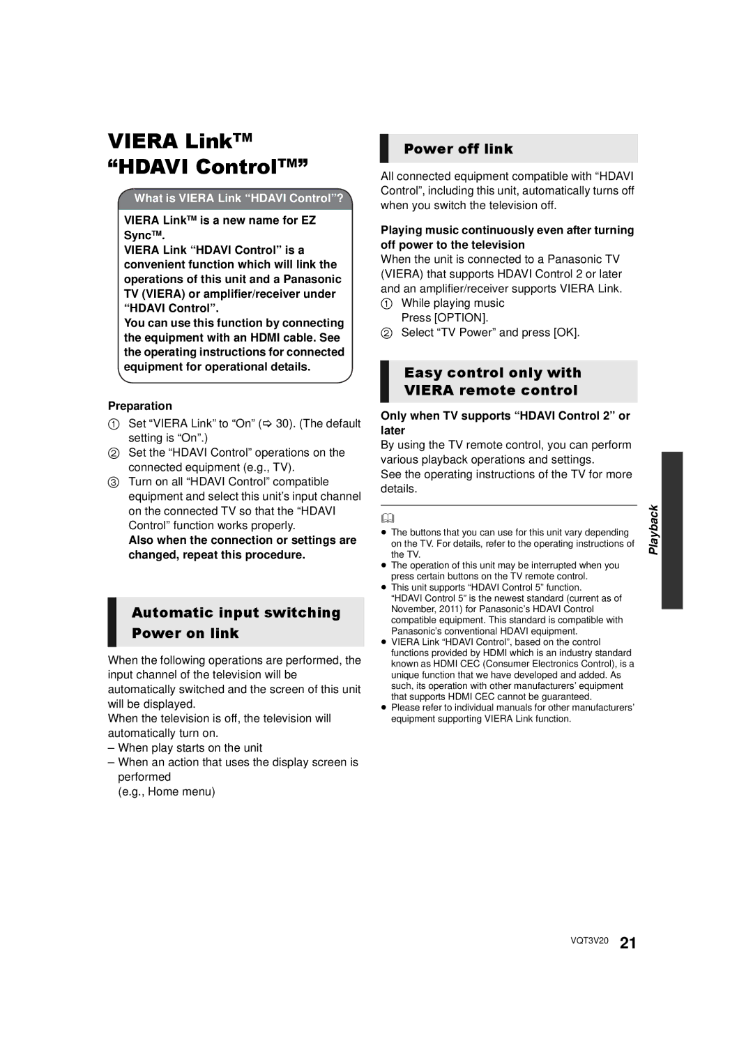 Panasonic DMP-BDT220, DMPBDT220 Viera LinkTM Hdavi ControlTM, Automatic input switching Power on link, Power off link 