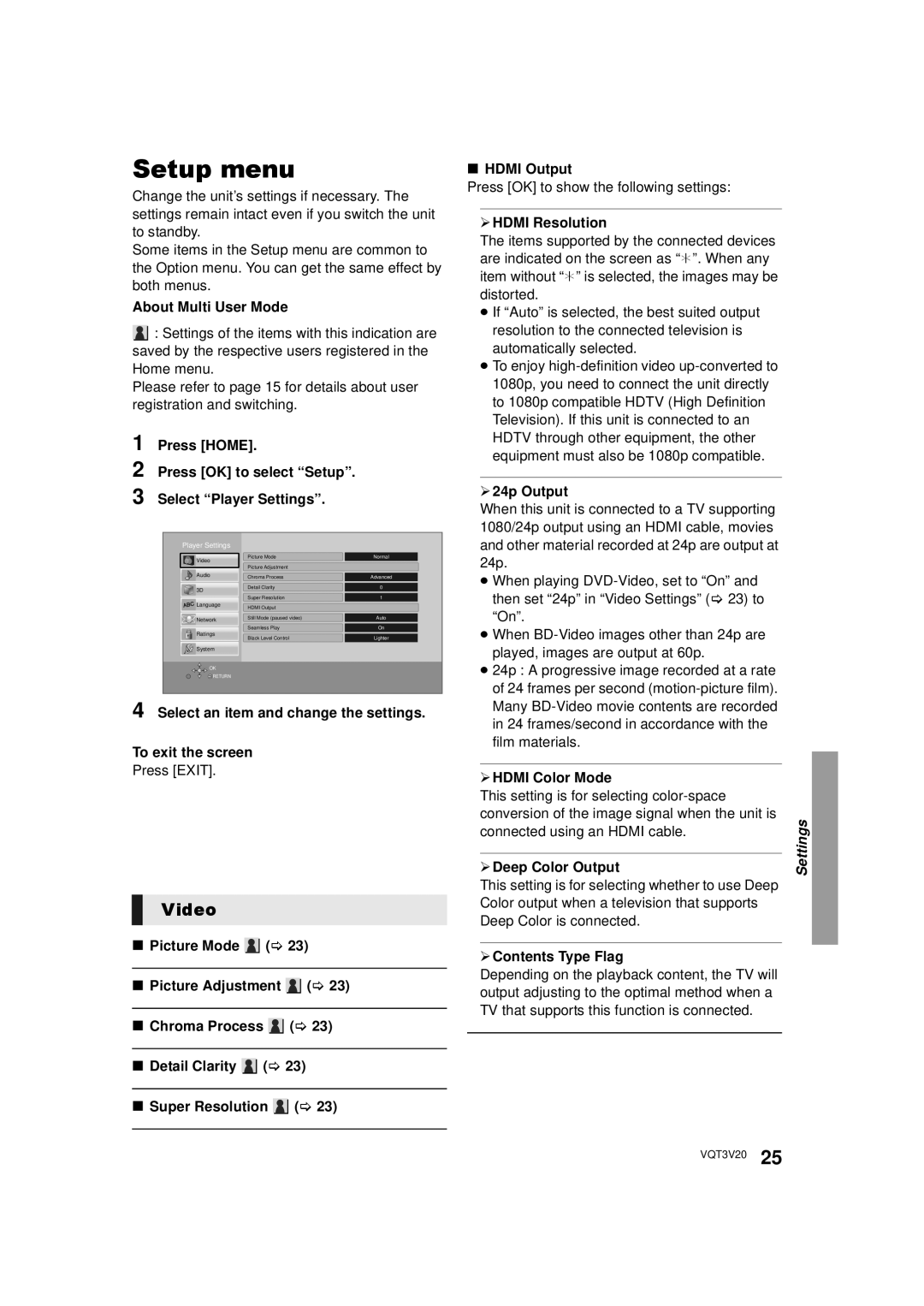 Panasonic DMP-BDT220, DMPBDT220 owner manual Setup menu, Video 