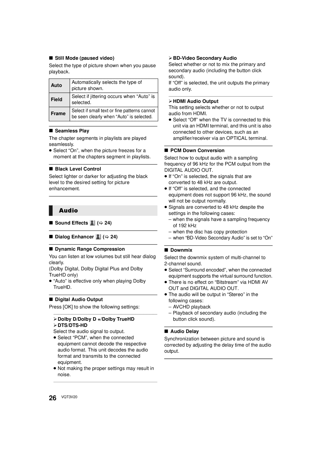 Panasonic DMPBDT220, DMP-BDT220 owner manual Audio, ¾ DTS/DTS-HD 