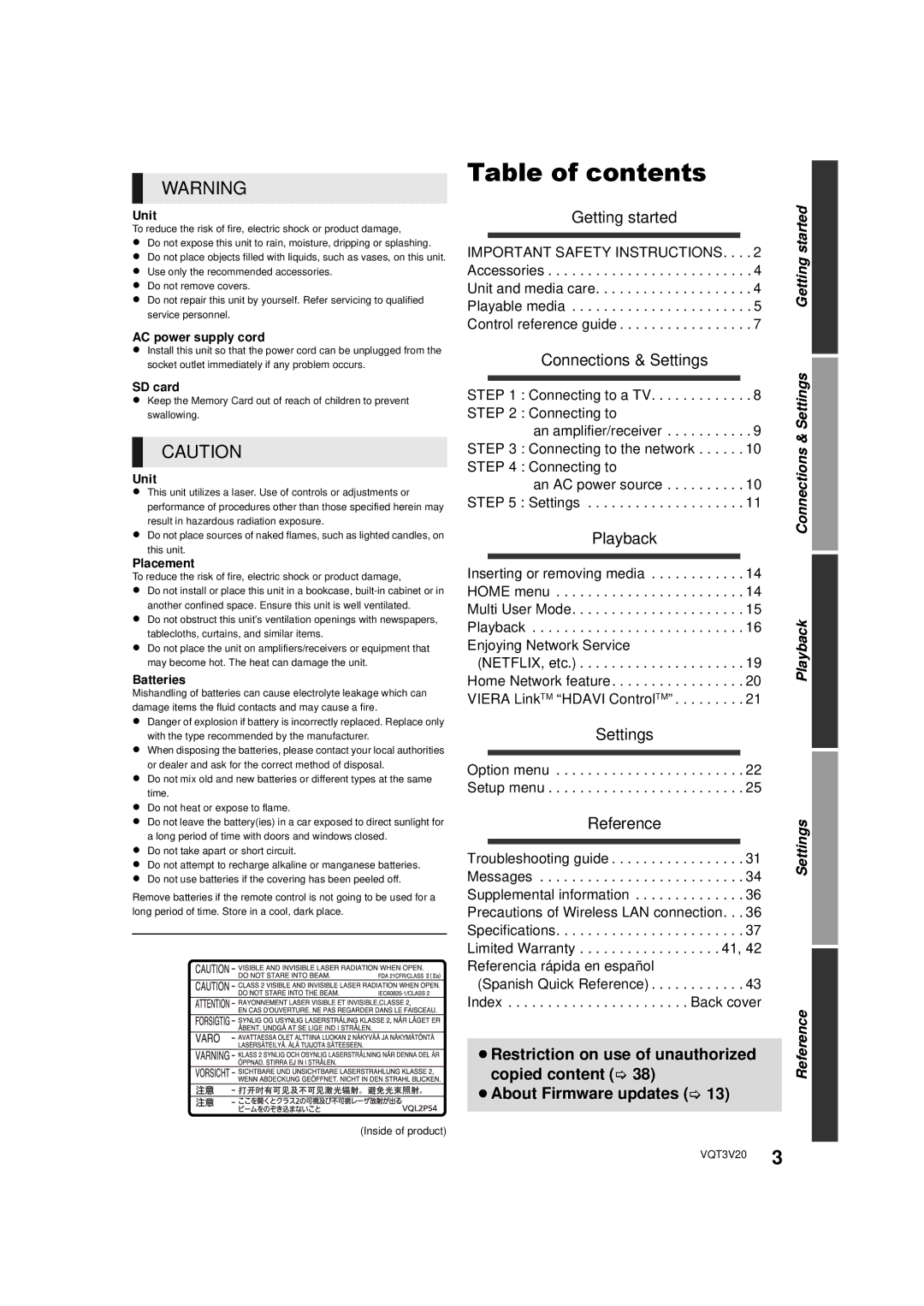 Panasonic DMP-BDT220, DMPBDT220 owner manual Table of contents 