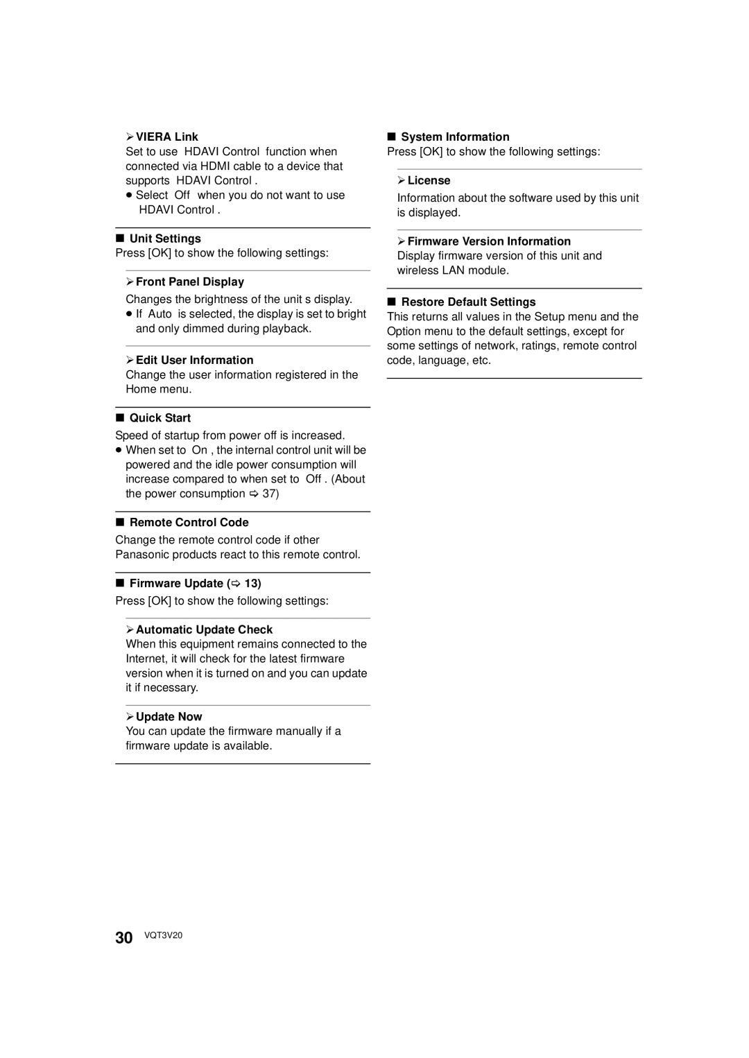 Panasonic DMPBDT220 ¾ Viera Link, Unit Settings, ¾ Front Panel Display, ¾ Edit User Information, Quick Start, ¾ Update Now 