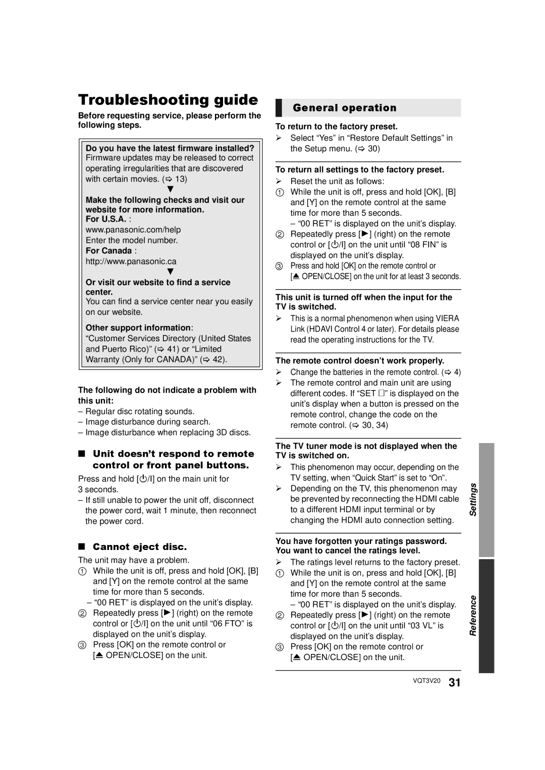 Panasonic DMP-BDT220, DMPBDT220 owner manual Troubleshooting guide, General operation, Cannot eject disc 