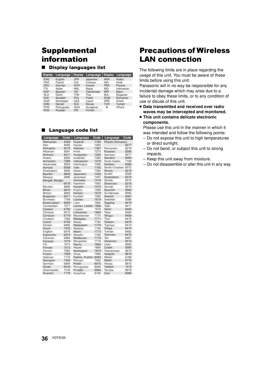 Panasonic DMPBDT220, DMP-BDT220 owner manual Supplemental information, Display languages list, Language code list 