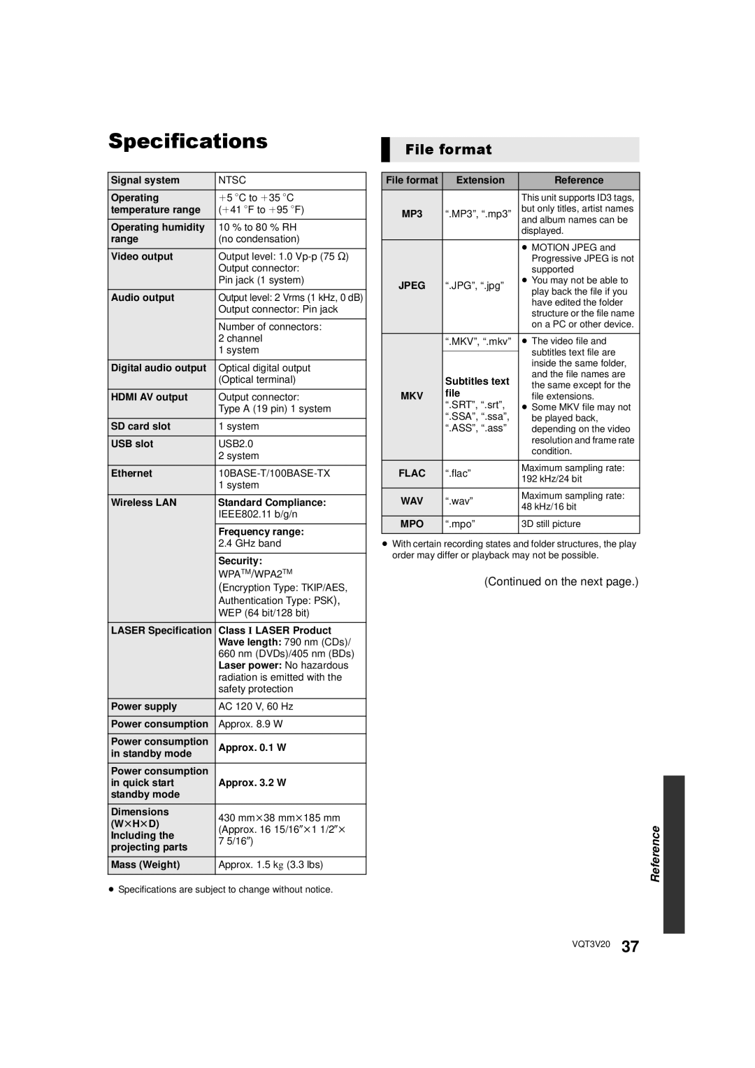 Panasonic DMP-BDT220, DMPBDT220 owner manual Specifications, File format, On the next 