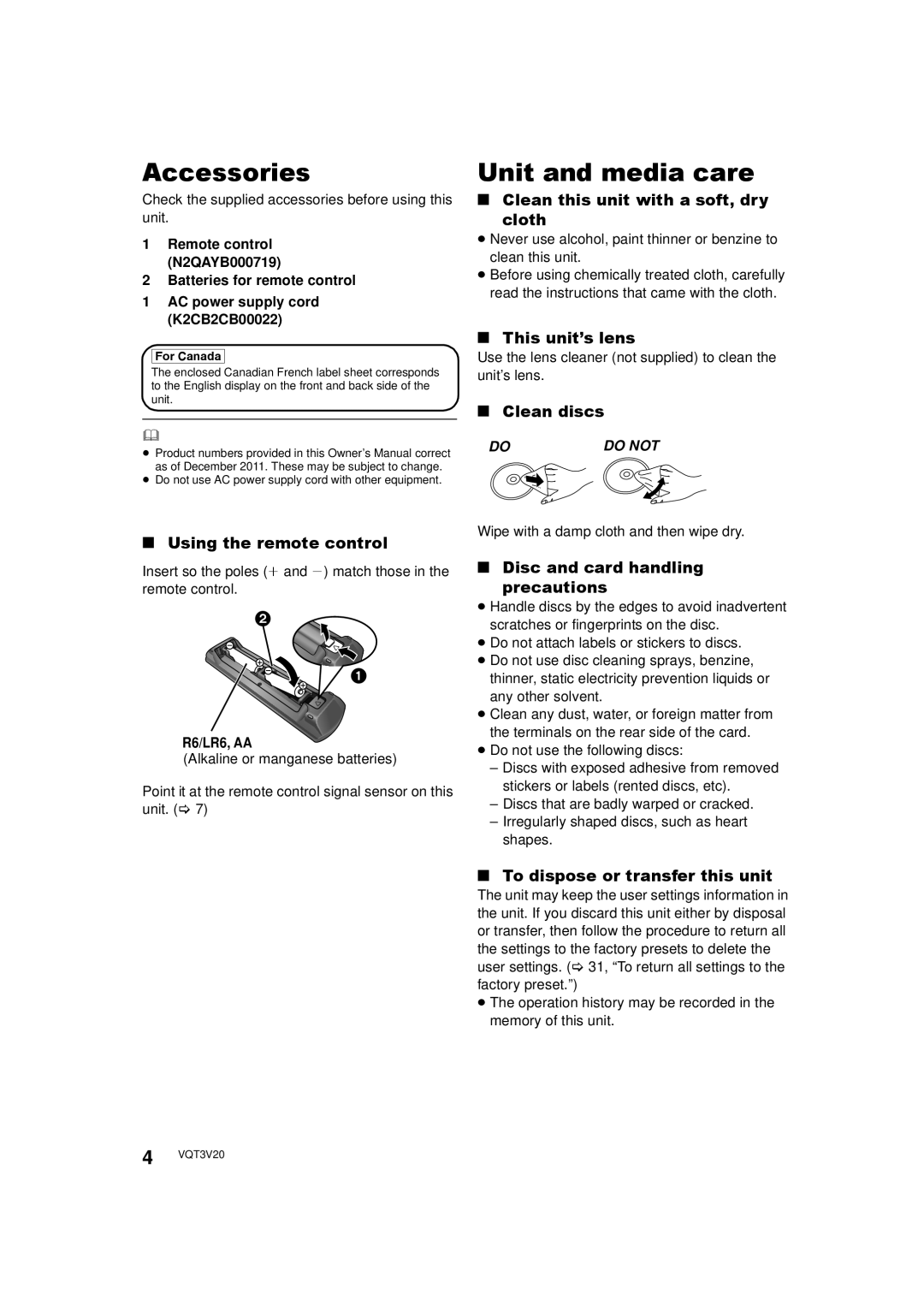 Panasonic DMPBDT220, DMP-BDT220 owner manual Accessories, Unit and media care 