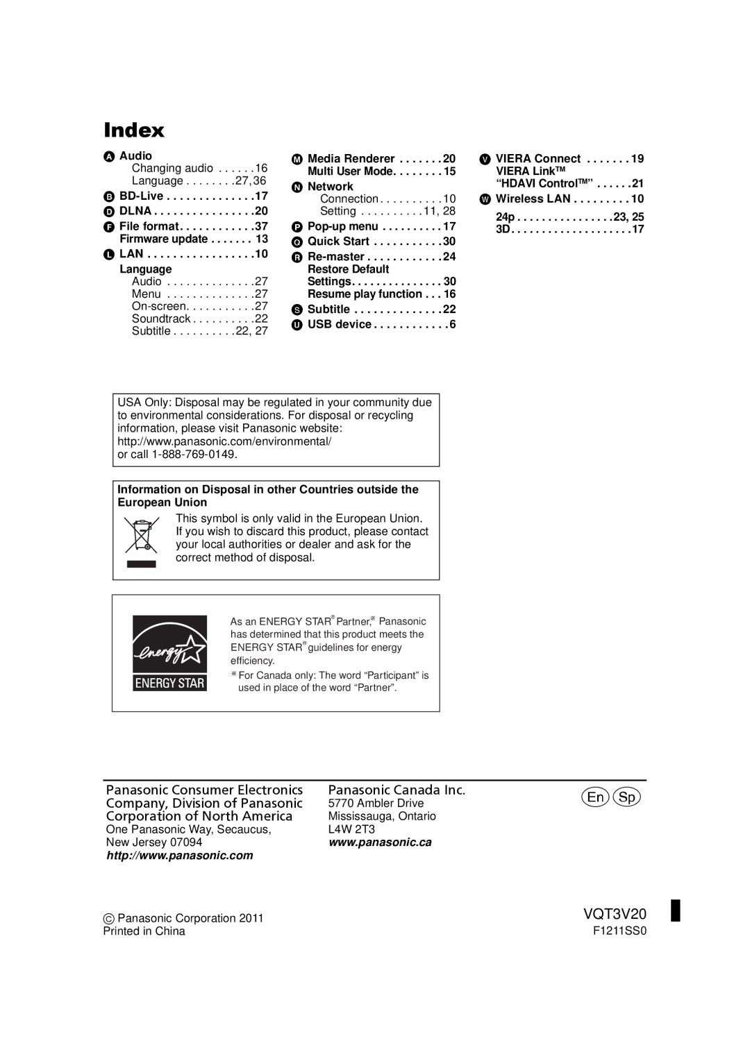 Panasonic DMPBDT220, DMP-BDT220 Index, BD-Live Connection Wireless LAN, Dlna, Setting 24p File format Pop-up menu, Lan 