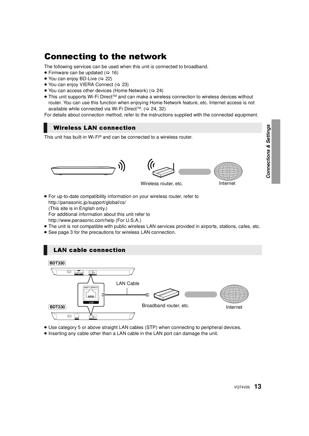 Panasonic DMP-BDT330, DMPBDT230 owner manual Connecting to the network, Wireless LAN connection, LAN cable connection 