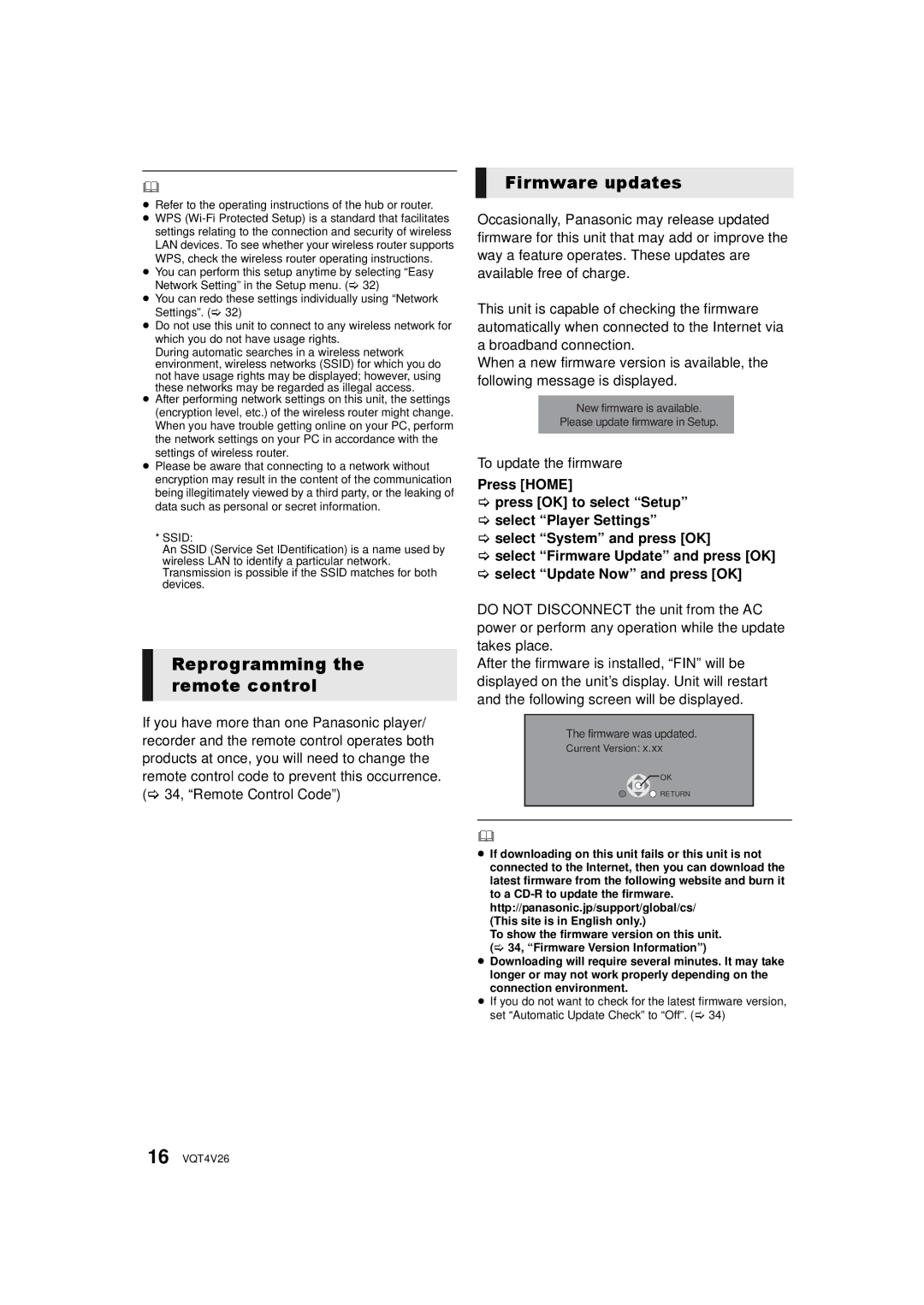 Panasonic DMPBDT230, DMP-BDT330 owner manual Reprogramming the remote control, Firmware updates, To update the firmware 