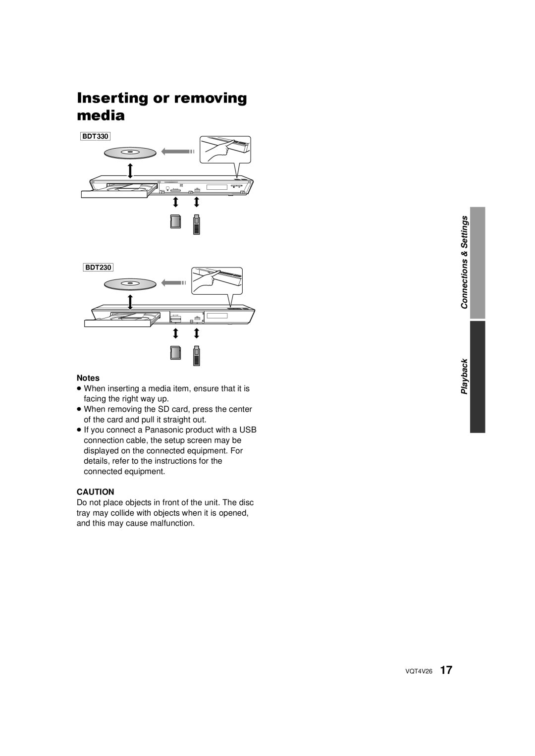 Panasonic DMP-BDT330, DMPBDT230 owner manual Inserting or removing media 