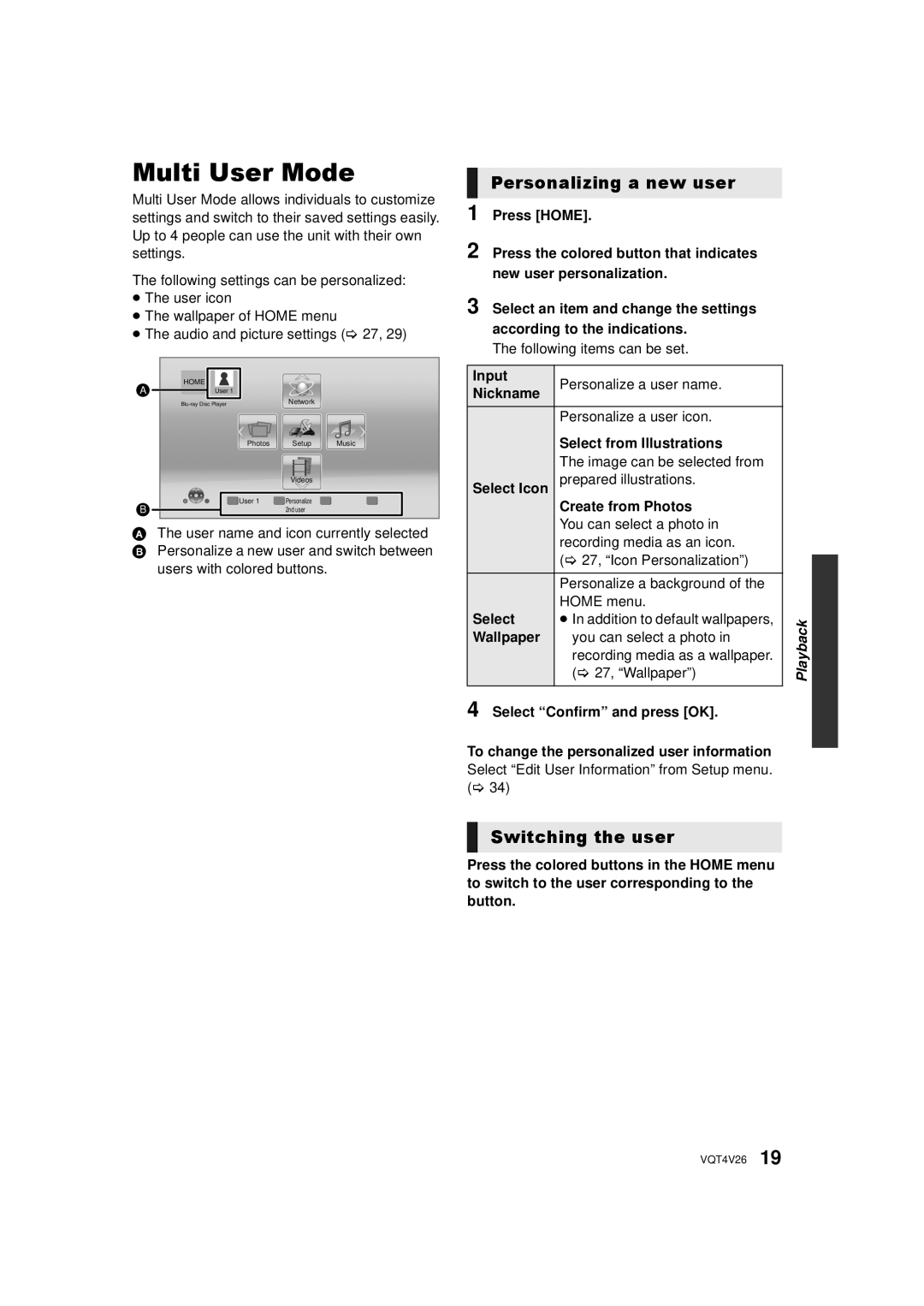 Panasonic DMP-BDT330, DMPBDT230 owner manual Multi User Mode, Personalizing a new user, Switching the user 