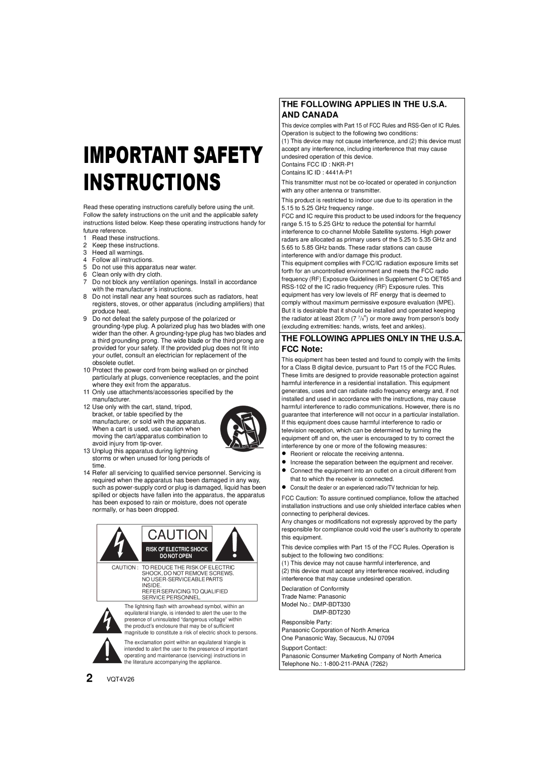 Panasonic DMPBDT230, DMP-BDT330 Following Applies in the U.S.A. and Canada, Following Applies only in the U.S.A. FCC Note 