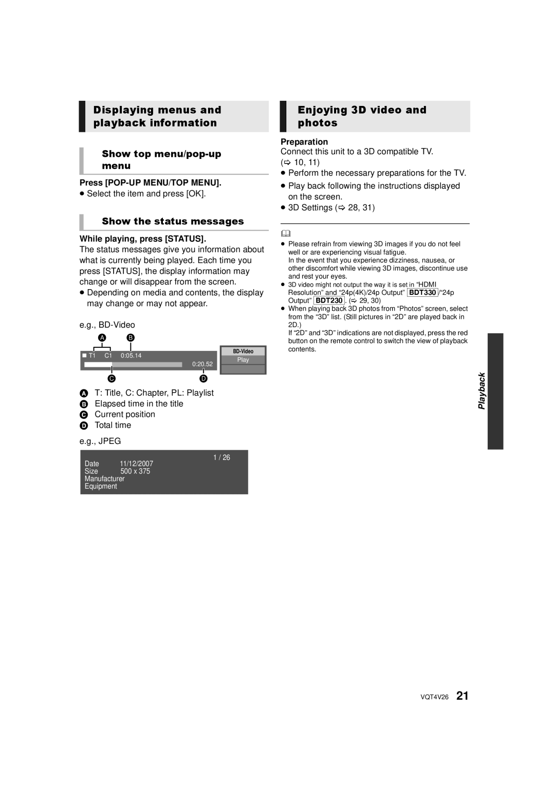 Panasonic DMP-BDT330 Displaying menus and playback information, Enjoying 3D video and photos, Show top menu/pop-up menu 