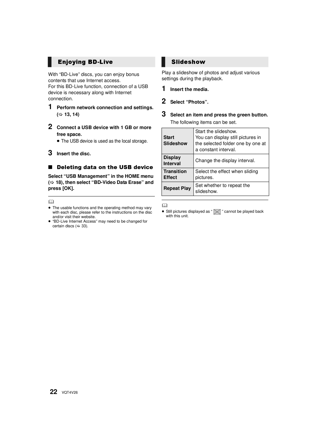 Panasonic DMPBDT230, DMP-BDT330 owner manual Enjoying BD-Live, Slideshow, Deleting data on the USB device 