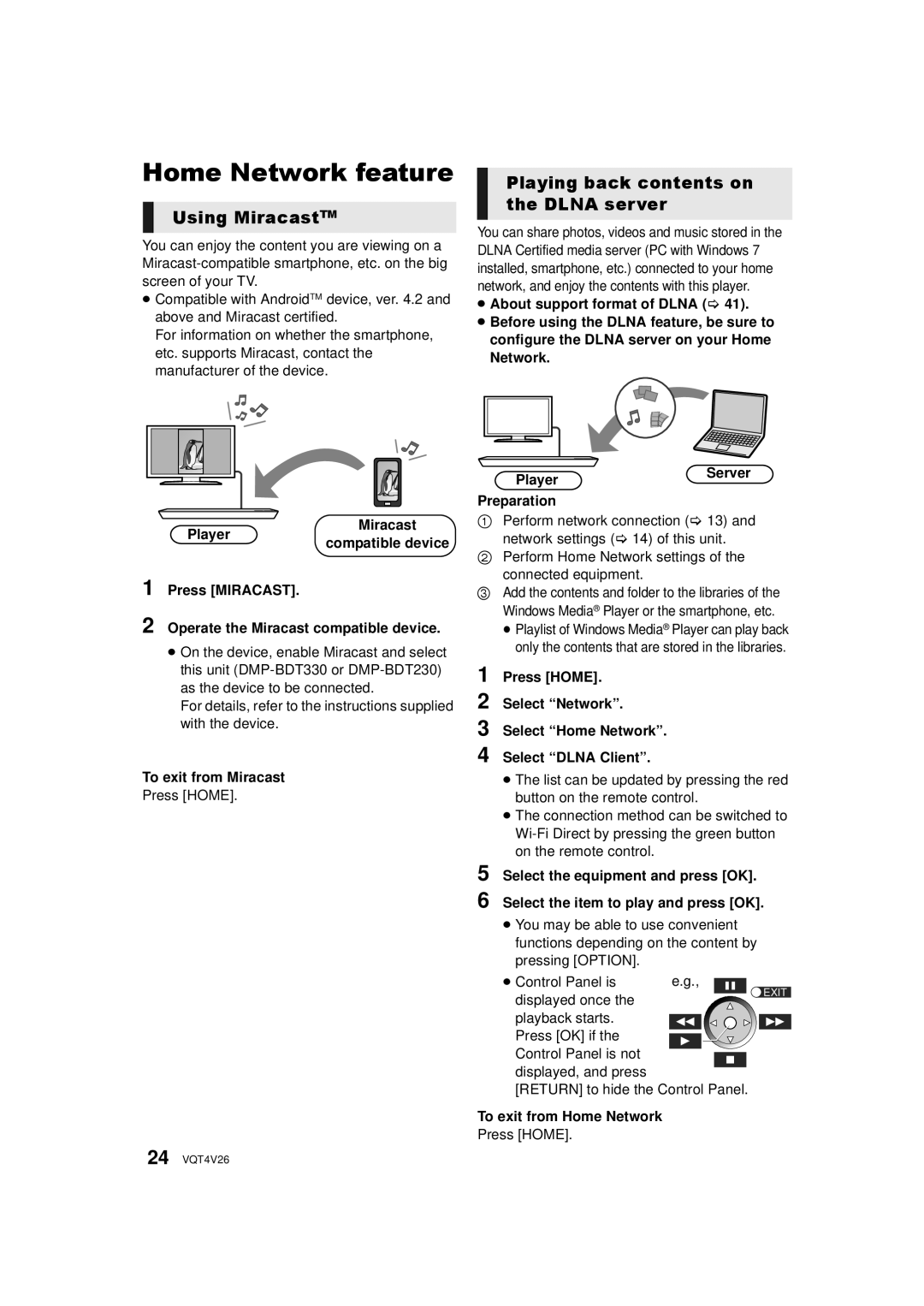 Panasonic DMPBDT230, DMP-BDT330 Home Network feature, Using MiracastTM, Playing back contents on the Dlna server 