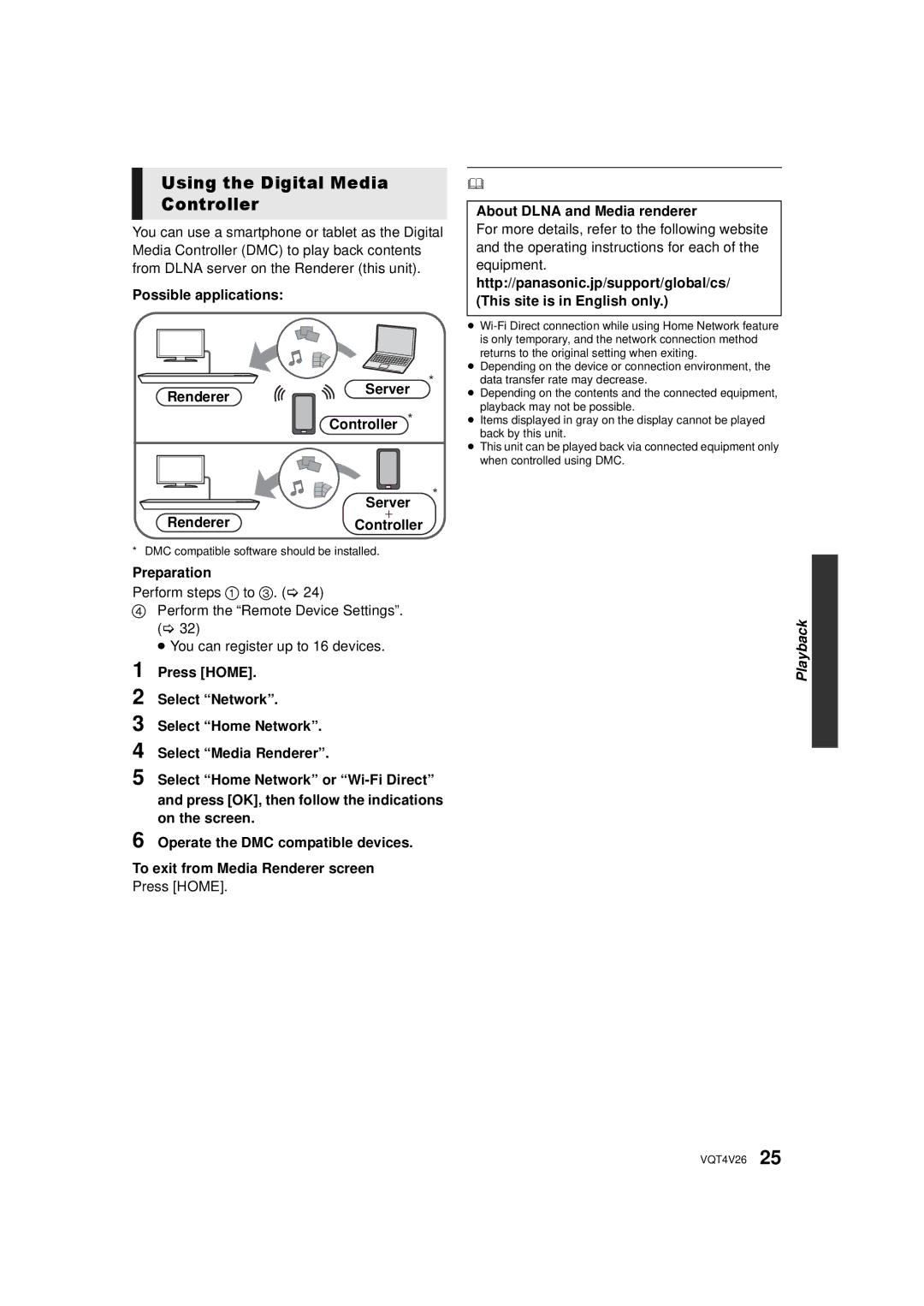 Panasonic DMP-BDT330 Using the Digital Media Controller, Possible applications Renderer Server, Server RendererController 