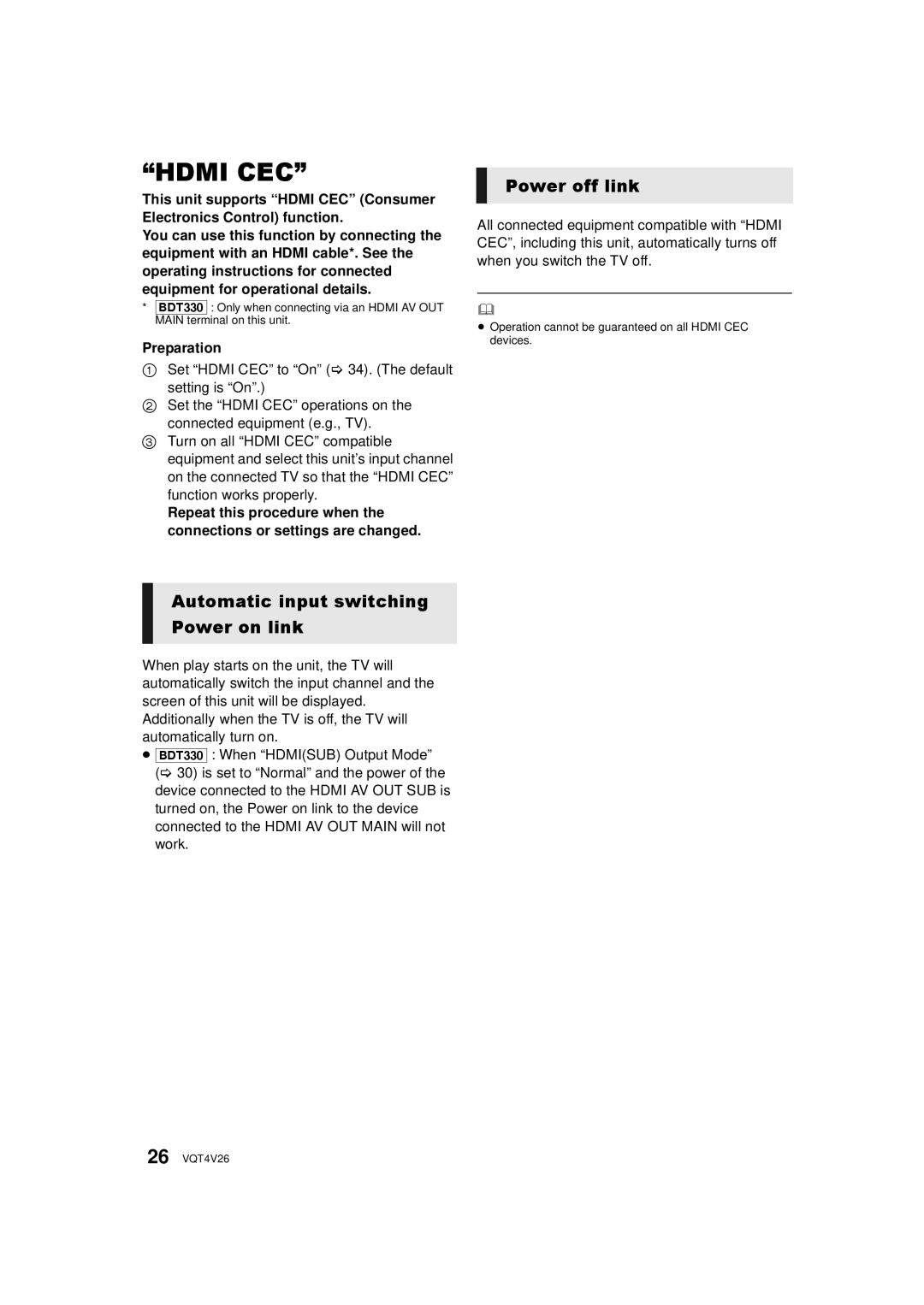 Panasonic DMPBDT230, DMP-BDT330 owner manual Power off link, Automatic input switching Power on link 