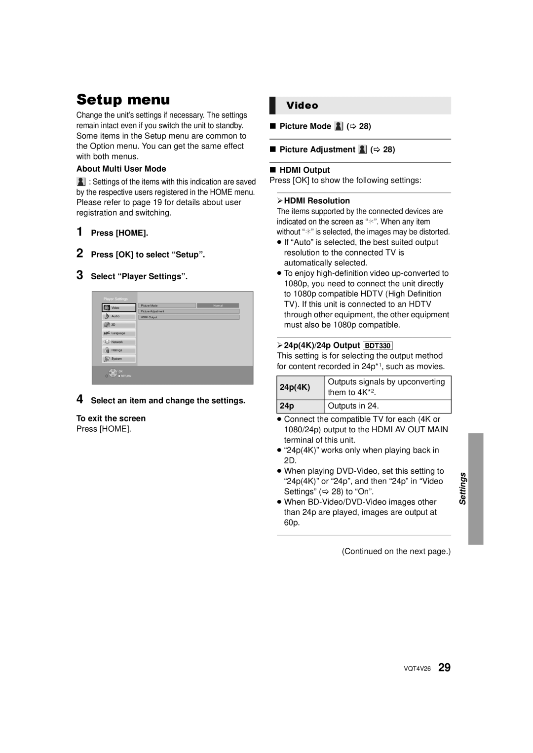 Panasonic DMP-BDT330, DMPBDT230 owner manual Setup menu, Video 