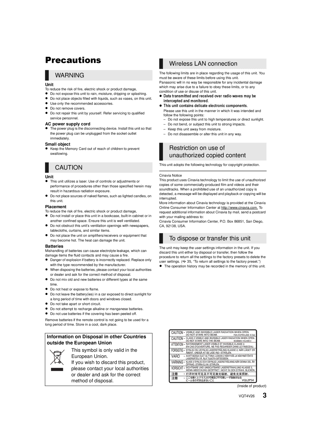 Panasonic DMP-BDT330, DMPBDT230 owner manual Precautions, Unit 