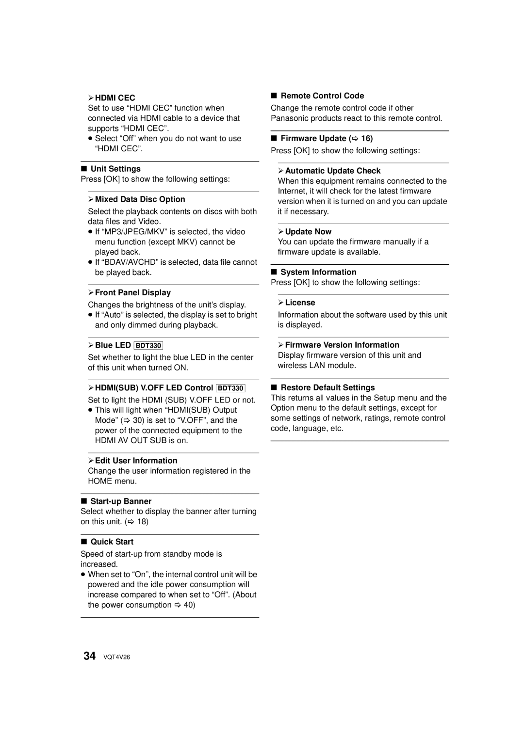 Panasonic DMPBDT230, DMP-BDT330 owner manual ¾ Hdmi CEC 