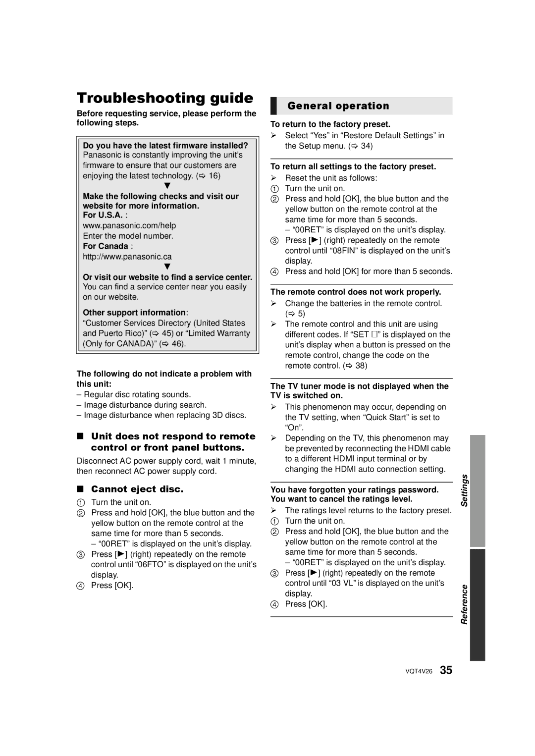 Panasonic DMP-BDT330, DMPBDT230 owner manual Troubleshooting guide, General operation, Cannot eject disc 