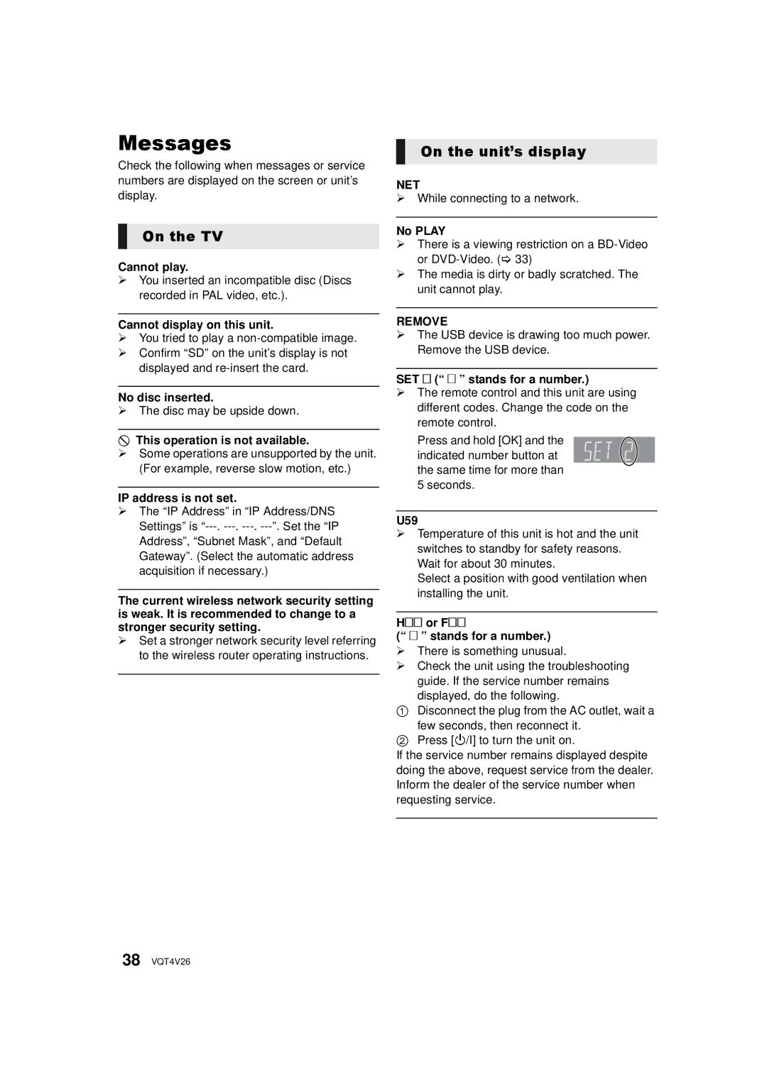 Panasonic DMPBDT230, DMP-BDT330 owner manual Messages, On the TV, On the unit’s display, Net, Remove 