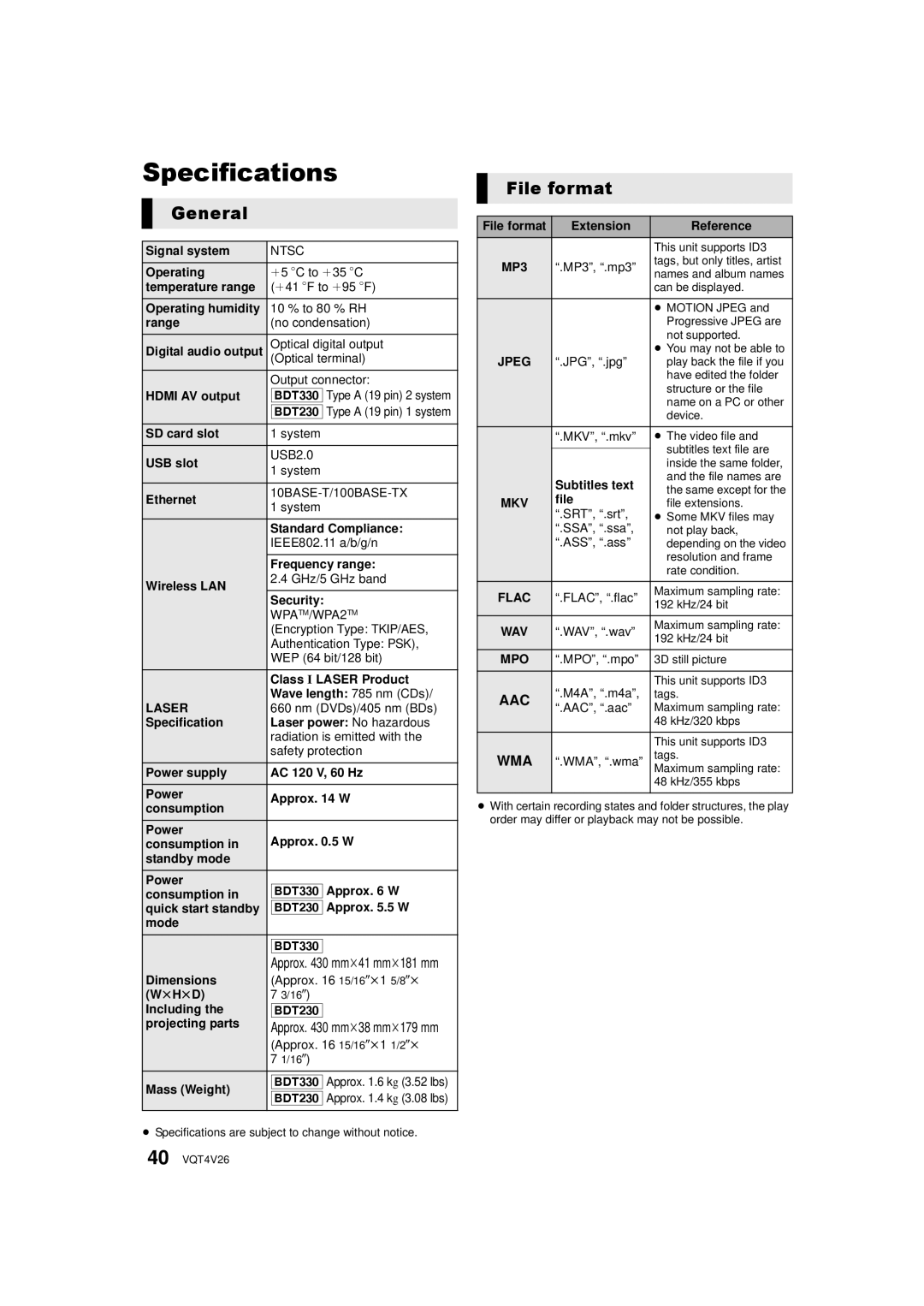 Panasonic DMPBDT230, DMP-BDT330 owner manual Specifications, General, File format 