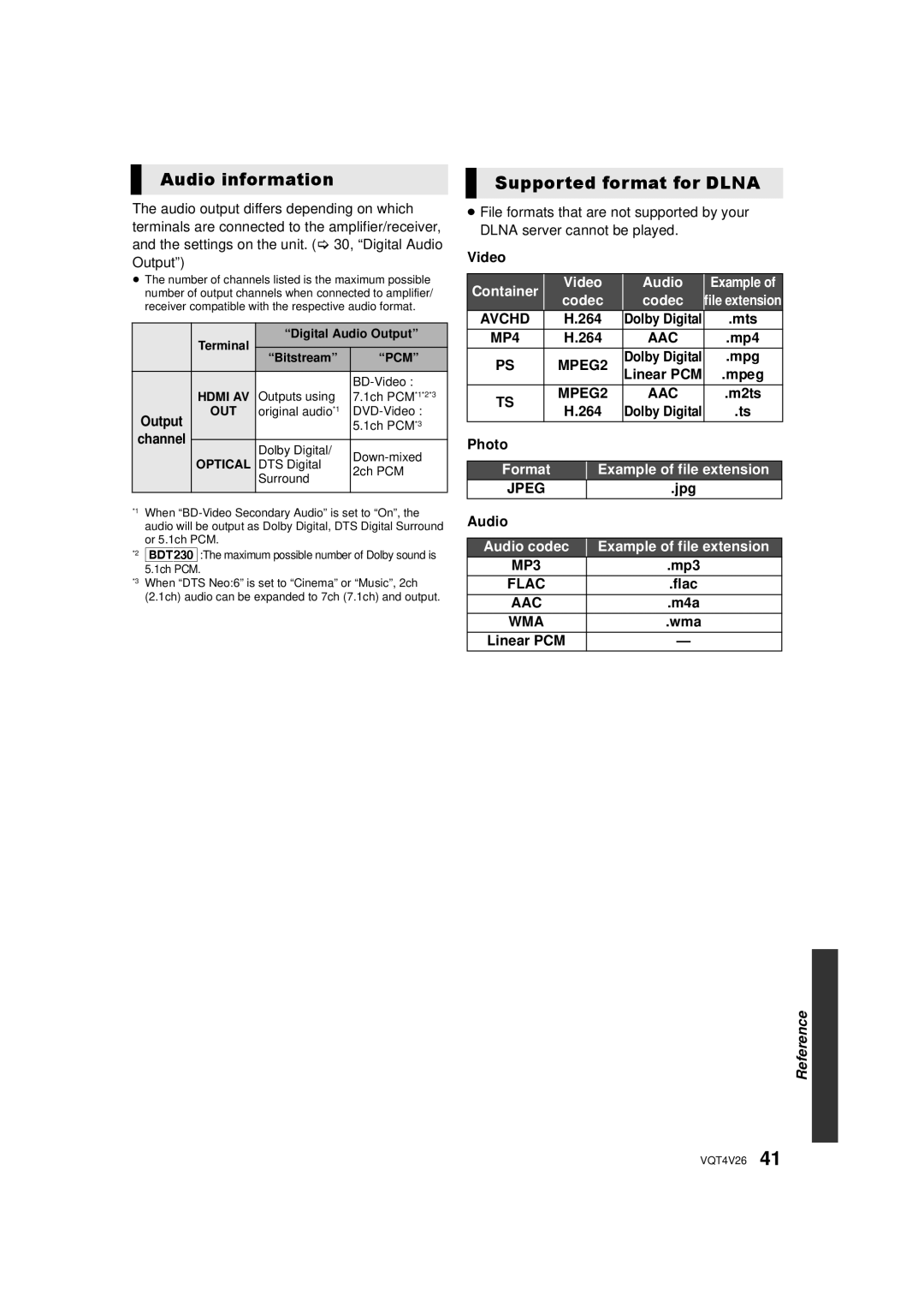 Panasonic DMP-BDT330, DMPBDT230 owner manual Audio information, Supported format for Dlna, MPEG2, Jpeg, Flac 