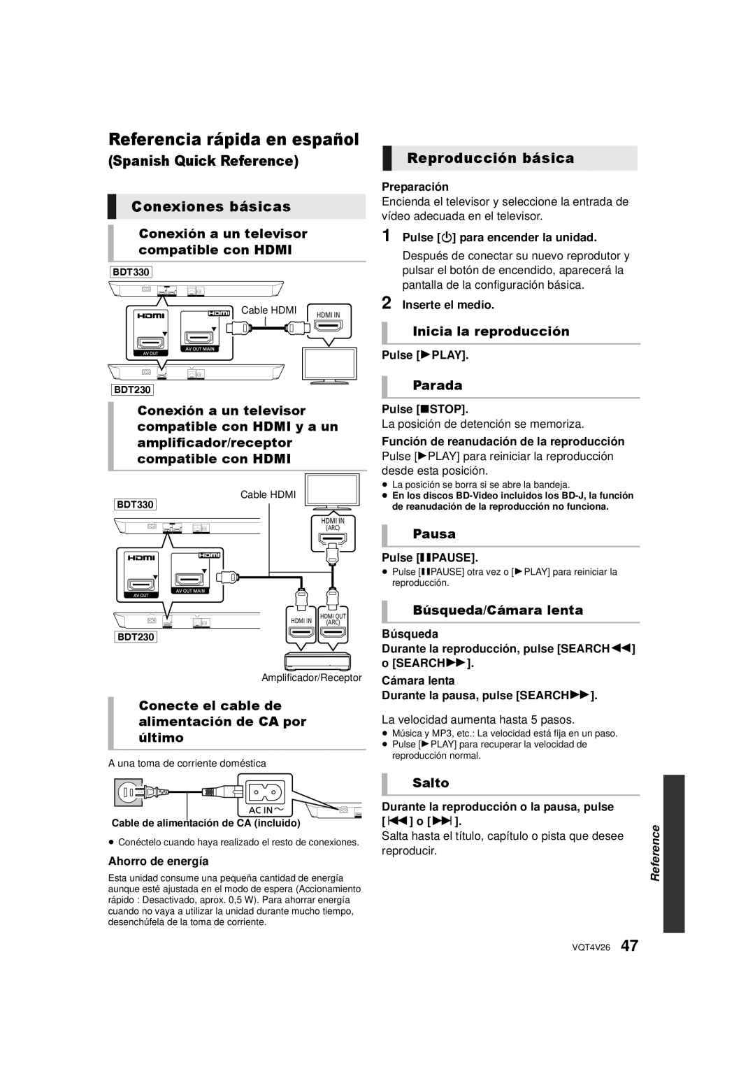 Panasonic DMP-BDT330, DMPBDT230 owner manual Spanish Quick Reference Conexiones básicas, Reproducción básica 