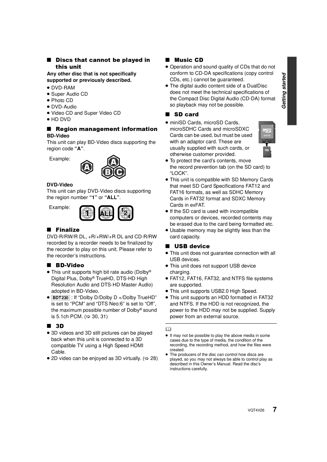 Panasonic DMP-BDT330 Discs that cannot be played This unit, Region management information, Finalize, BD-Video, Music CD 