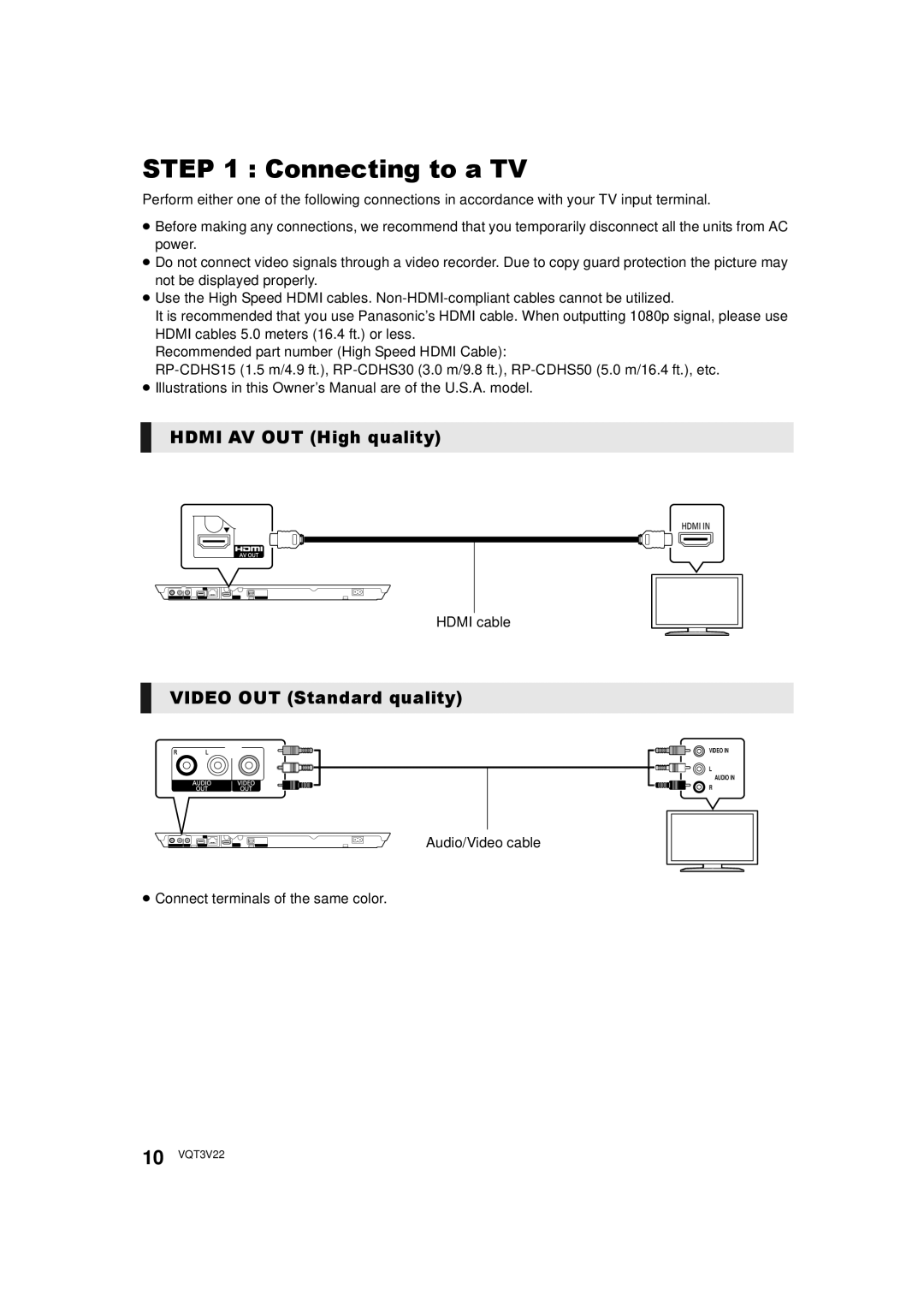 Panasonic DMP-BDT321, DMPBDT320EB Connecting to a TV, Hdmi AV OUT High quality, Video OUT Standard quality, Hdmi cable 