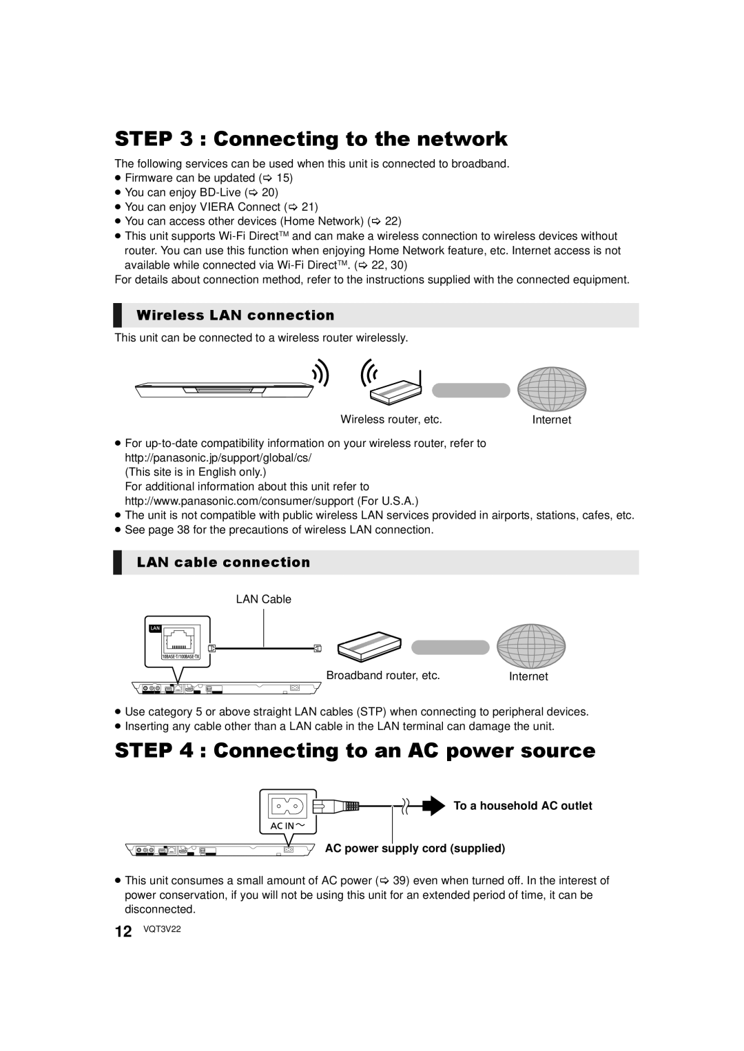 Panasonic DMPBDT320EB, DMP-BDT321 Connecting to the network, Connecting to an AC power source, Wireless LAN connection 