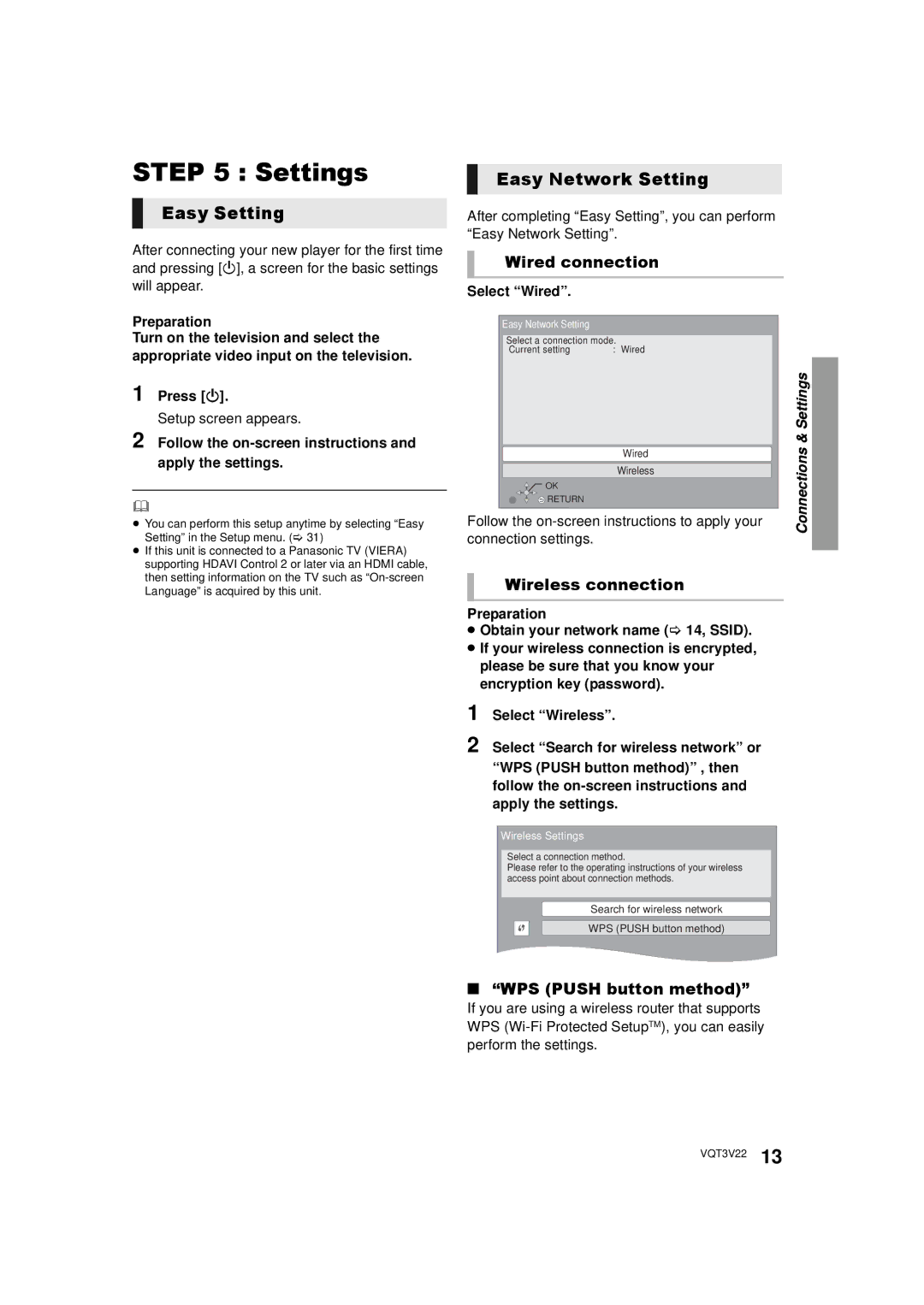 Panasonic DMP-BDT321, DMPBDT320EB, DMP-BDT320 owner manual Settings, Easy Setting, Easy Network Setting 