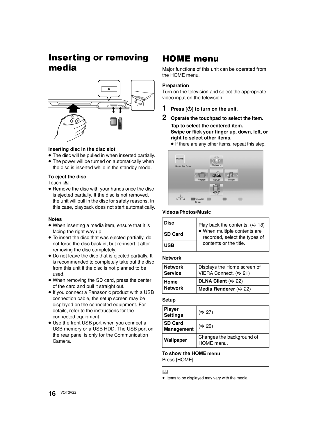 Panasonic DMP-BDT321, DMPBDT320EB, DMP-BDT320 owner manual Inserting or removing media, Home menu, Usb 